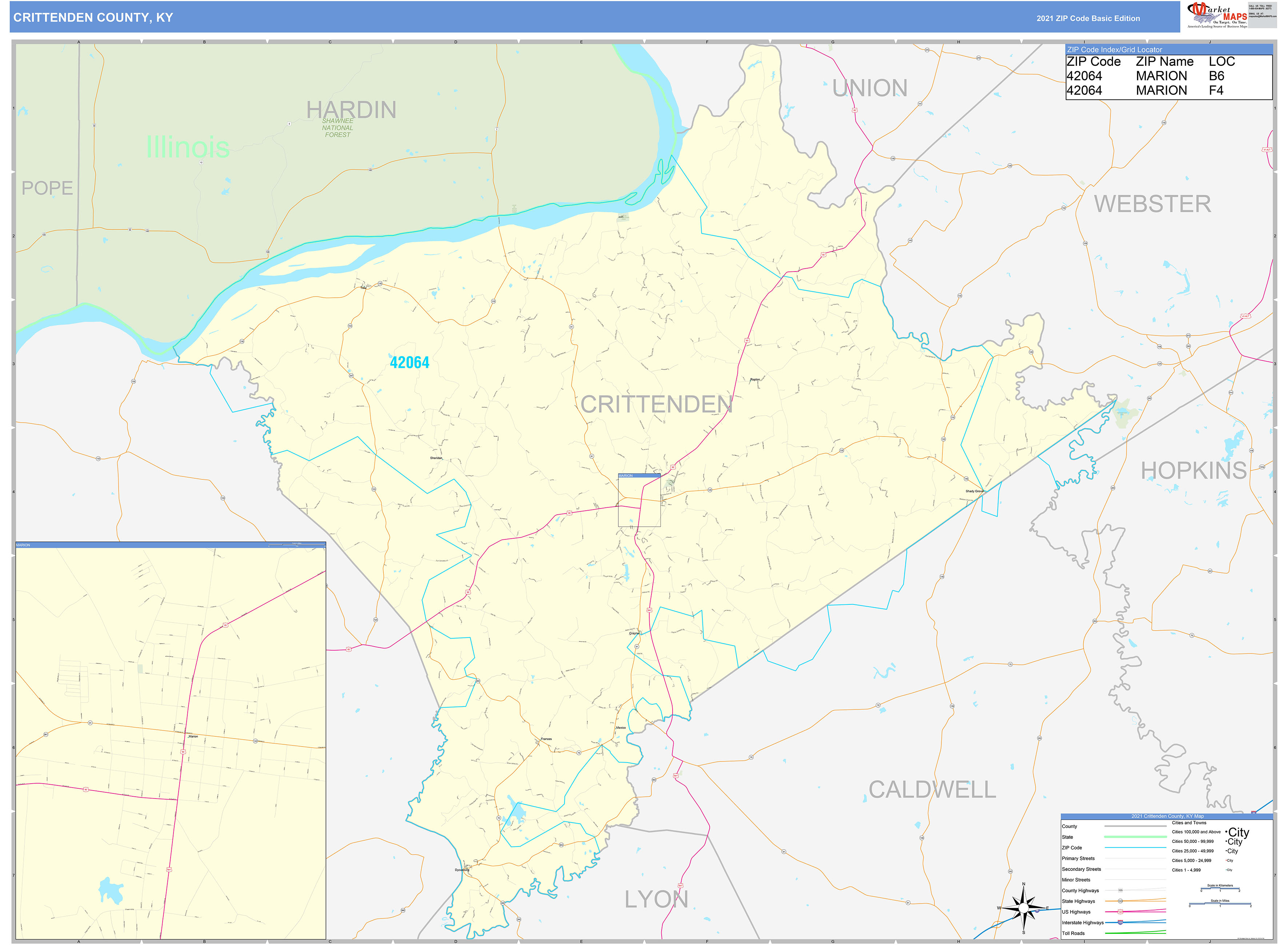 Crittenden County, KY Zip Code Wall Map Basic Style by MarketMAPS