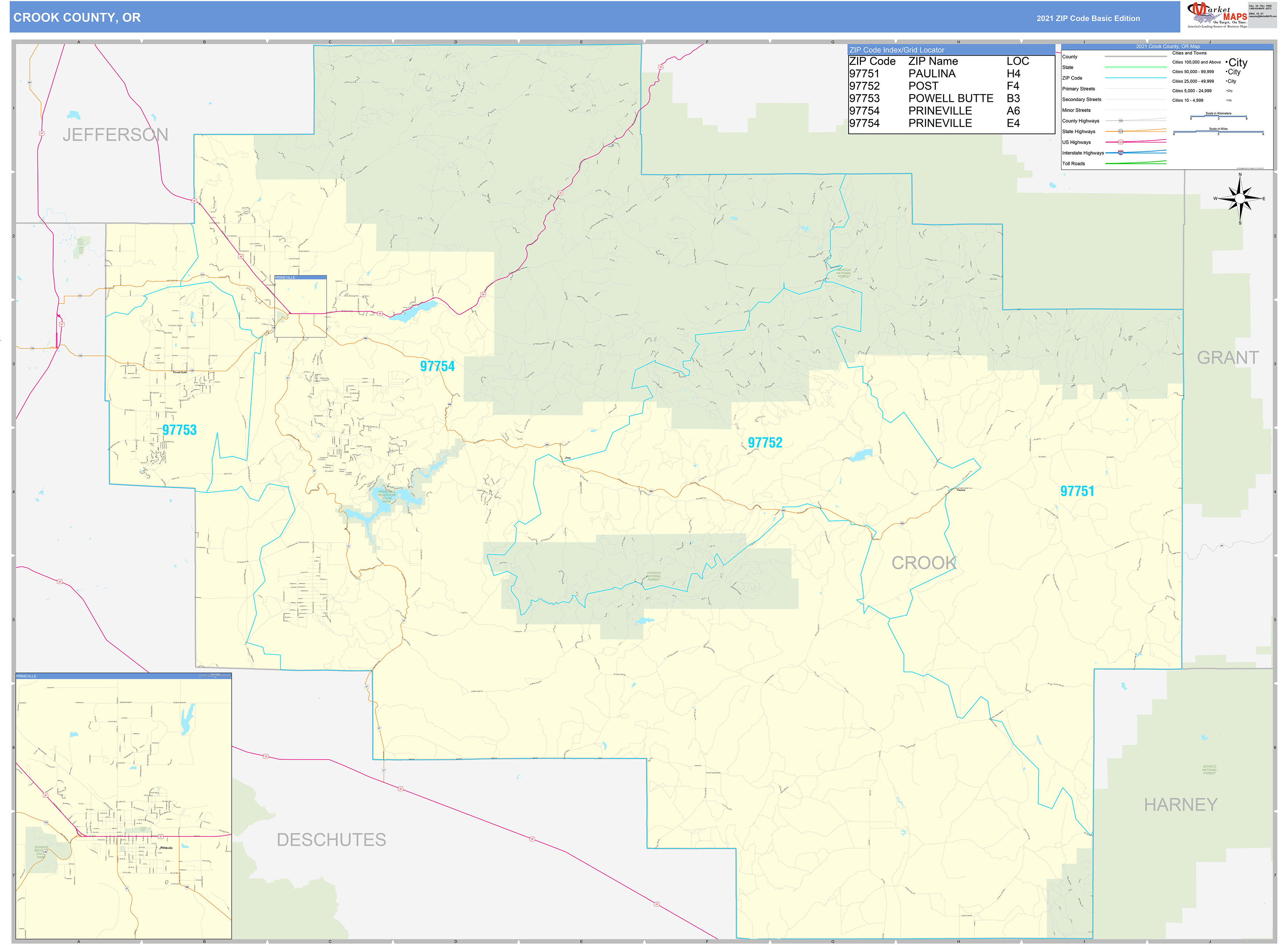 Crook County, OR Zip Code Wall Map Basic Style by MarketMAPS MapSales