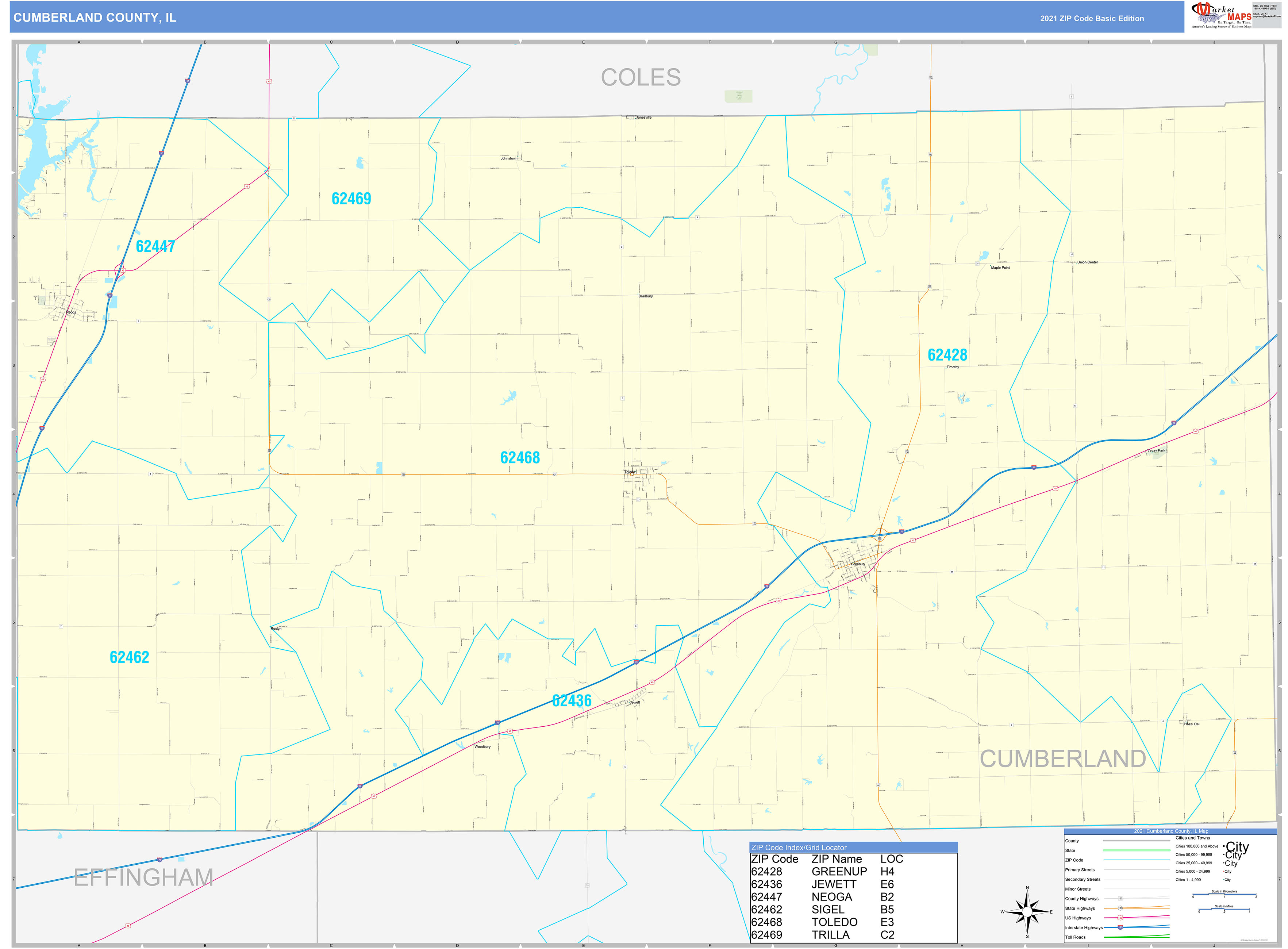 Cumberland County, IL Zip Code Wall Map Basic Style by MarketMAPS