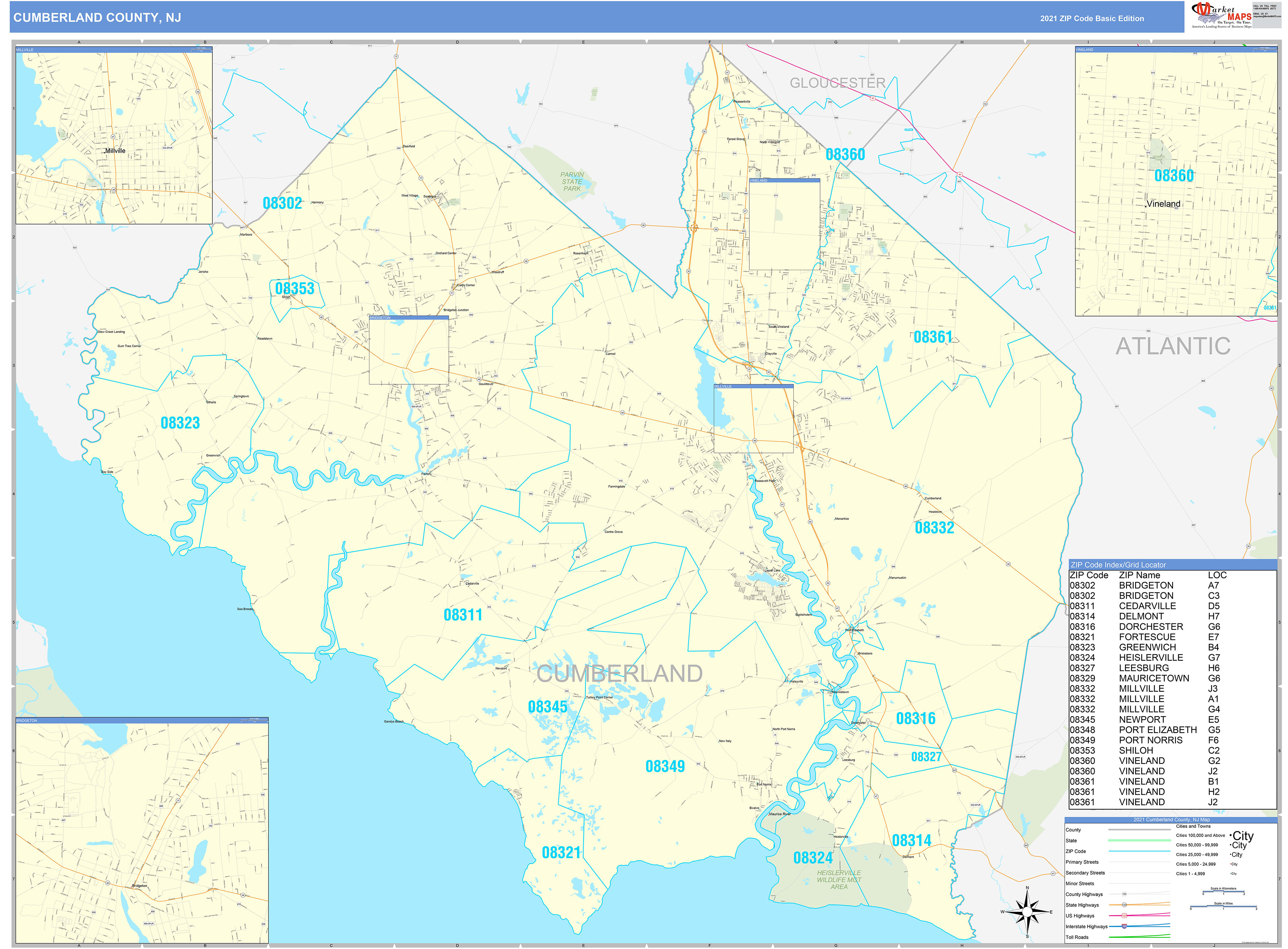 Cumberland County, NJ Zip Code Wall Map Basic Style by MarketMAPS