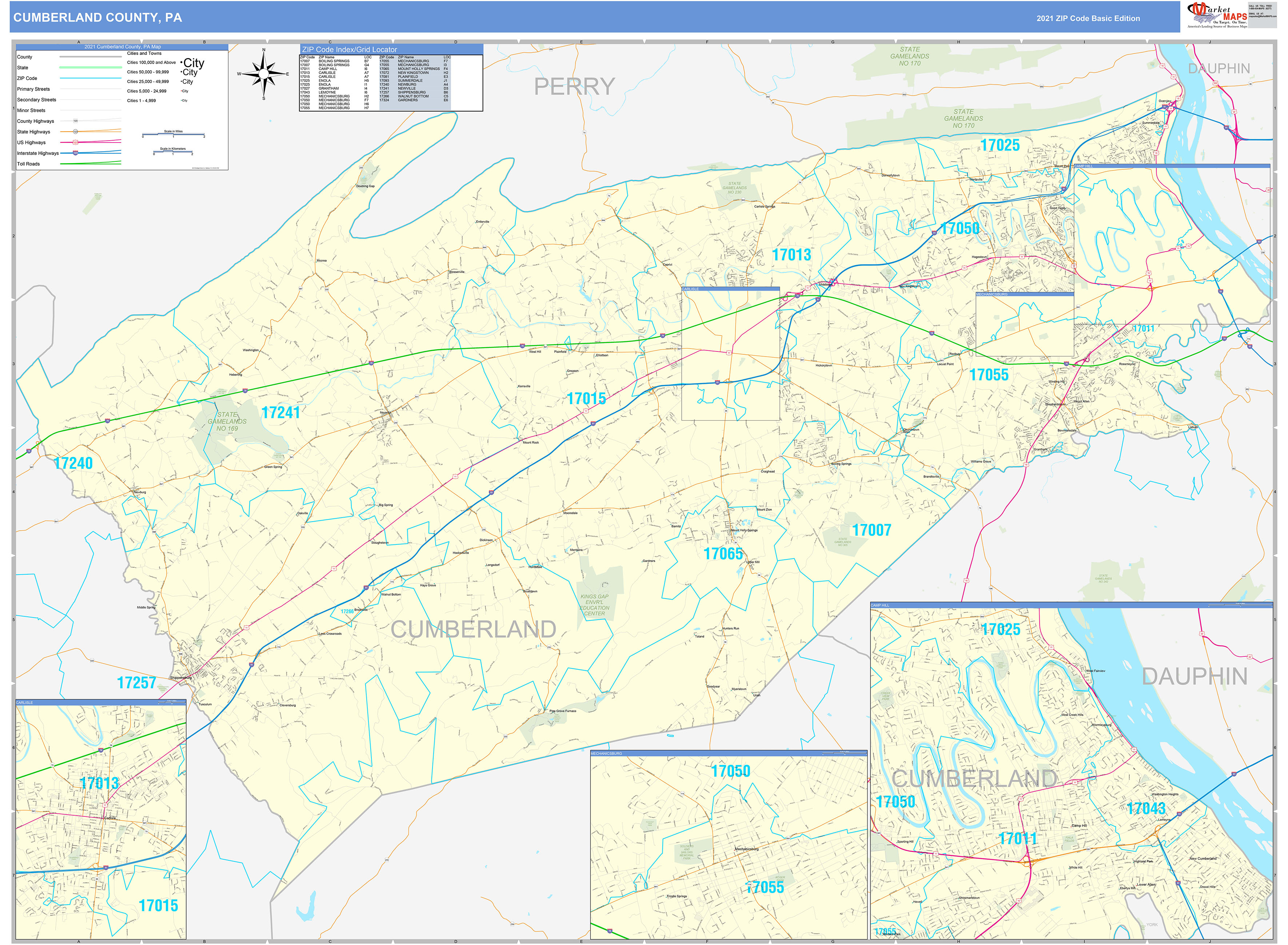 Cumberland County, PA Zip Code Wall Map Basic Style by MarketMAPS