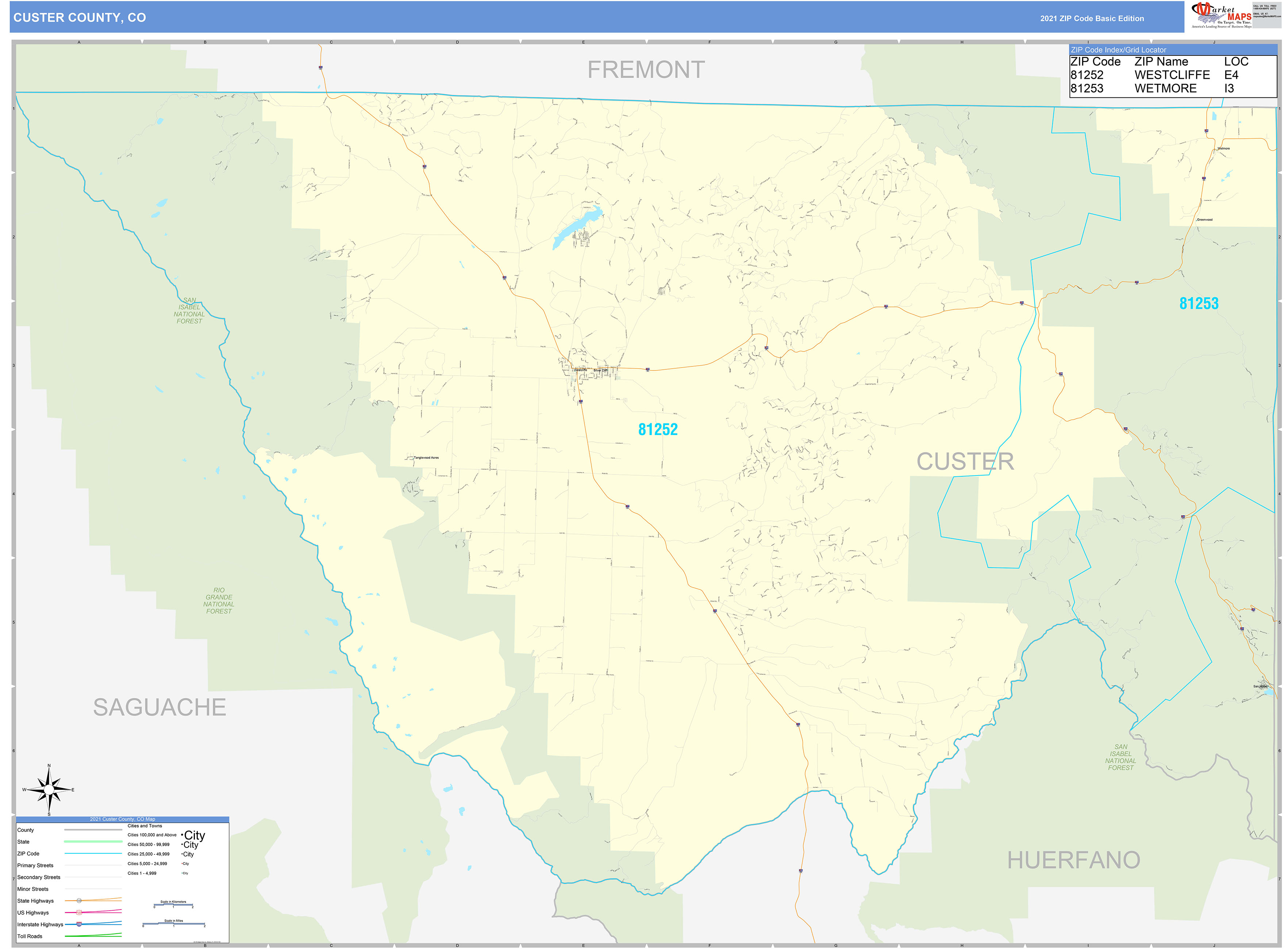 Custer County, CO Zip Code Wall Map Basic Style by MarketMAPS