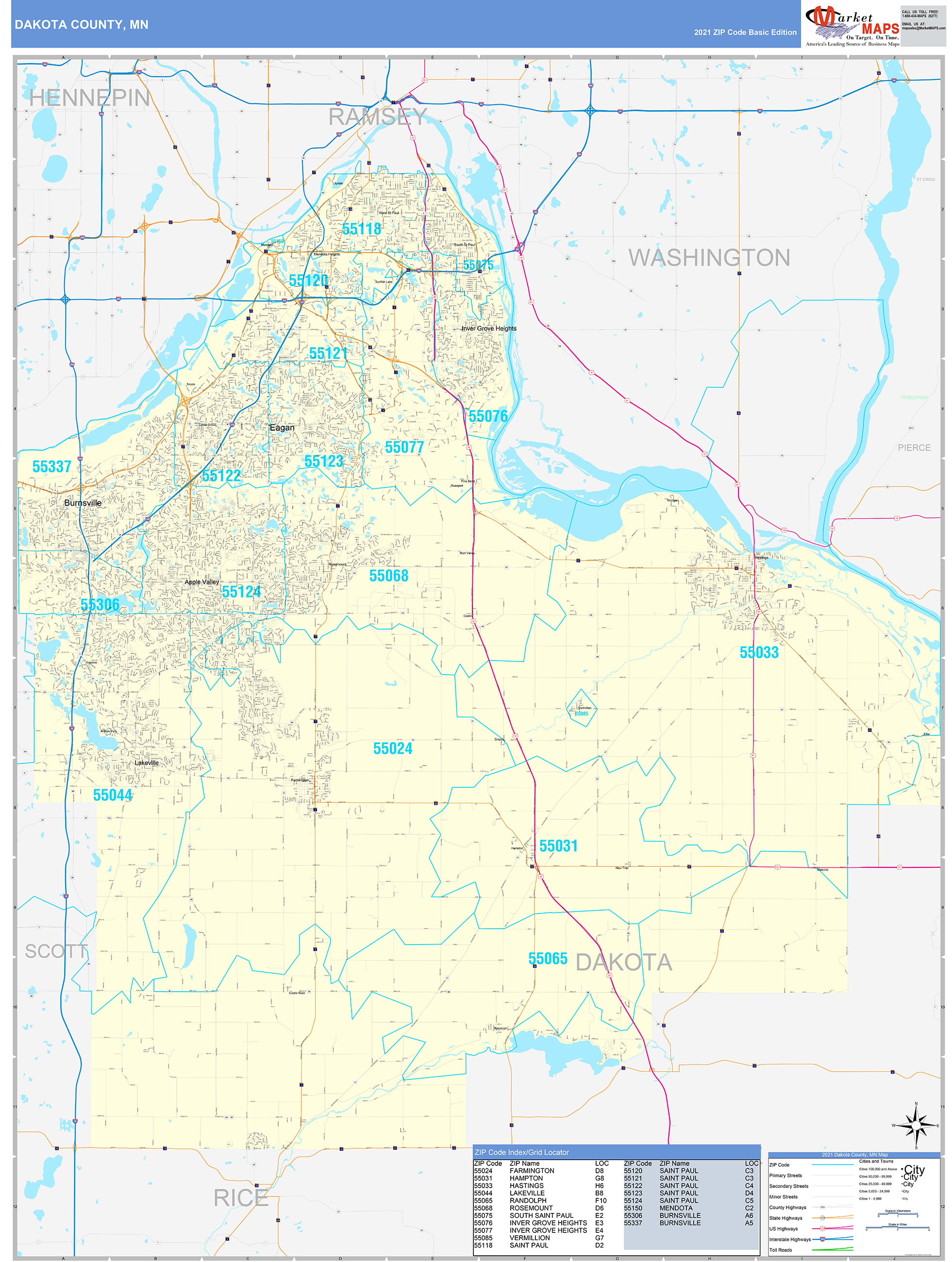 Dakota County, MN Zip Code Wall Map Basic Style by MarketMAPS - MapSales