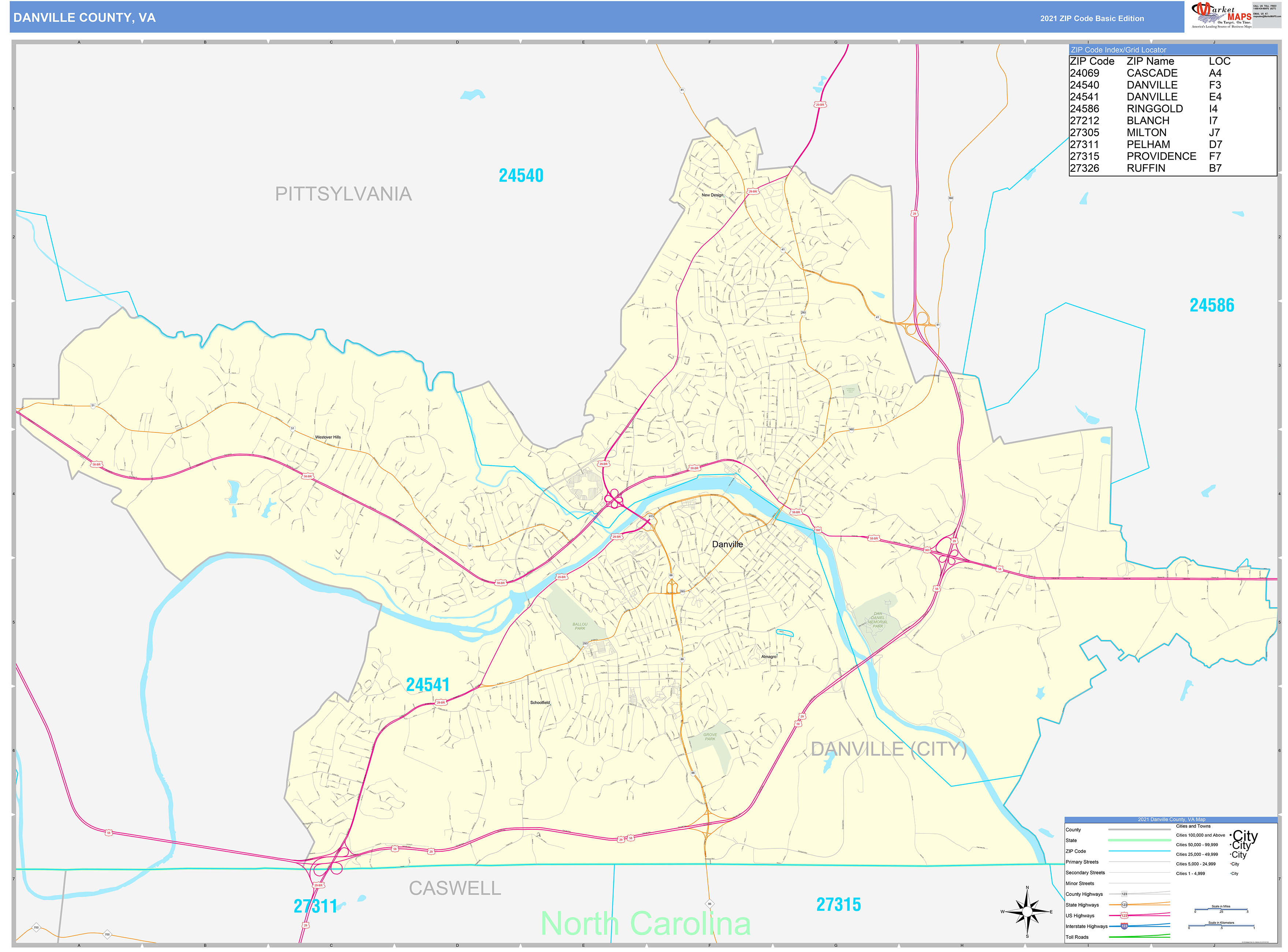 Danville County VA Zip Code Wall Map Basic Style By MarketMAPS   Danville VA 