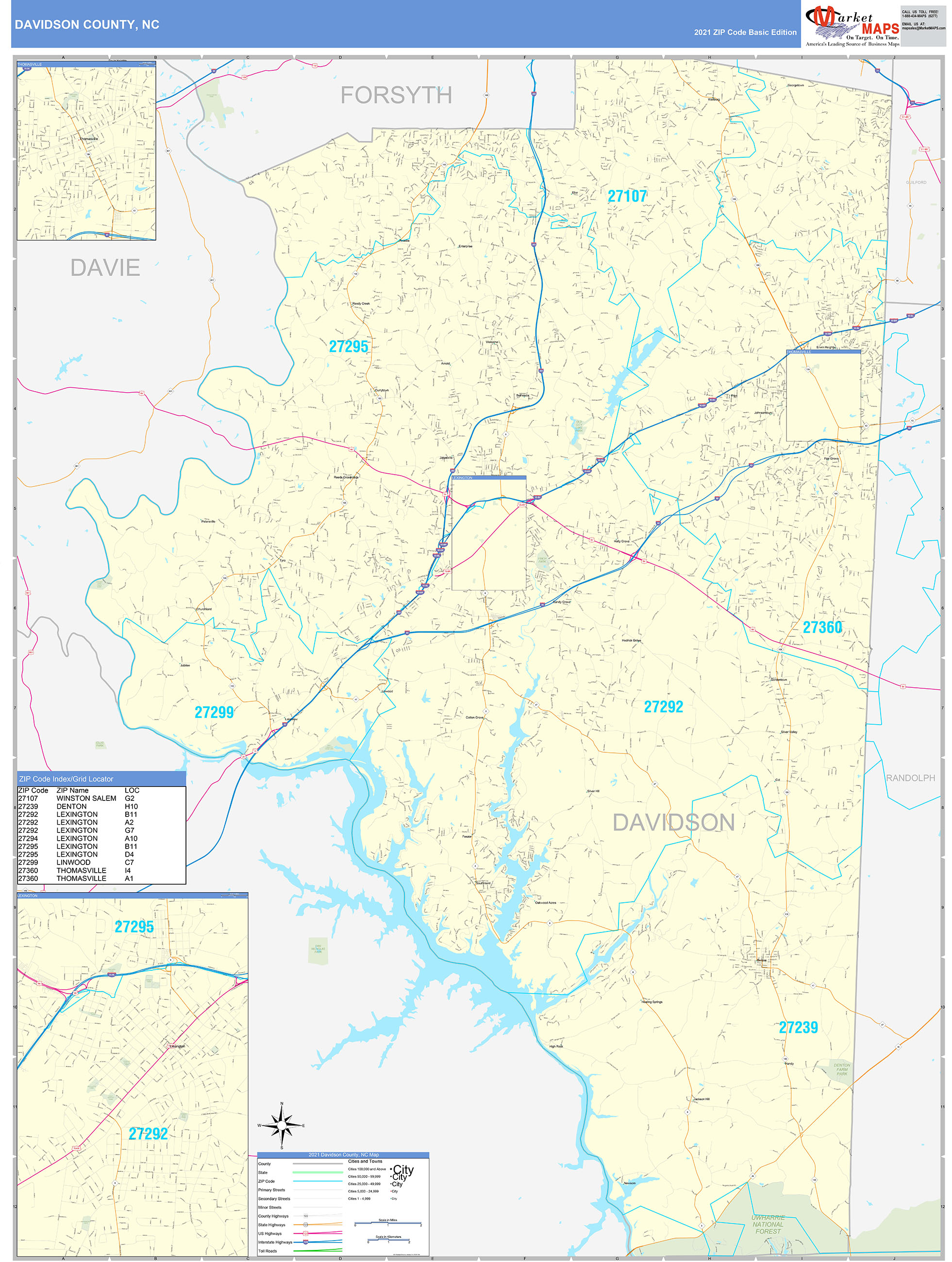 Davidson County, NC Zip Code Wall Map Basic Style by MarketMAPS - MapSales