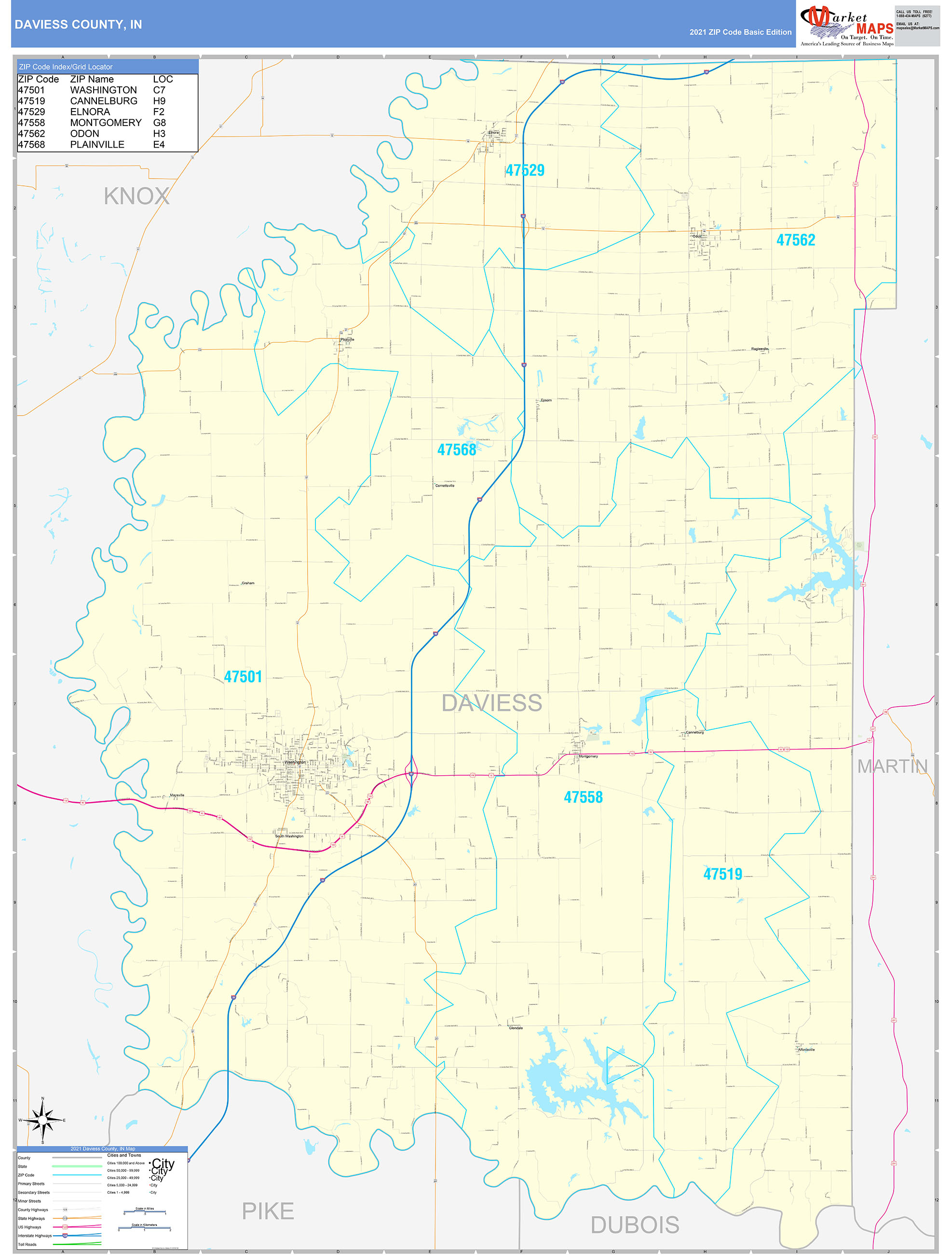 Daviess County, IN Zip Code Wall Map Basic Style by MarketMAPS