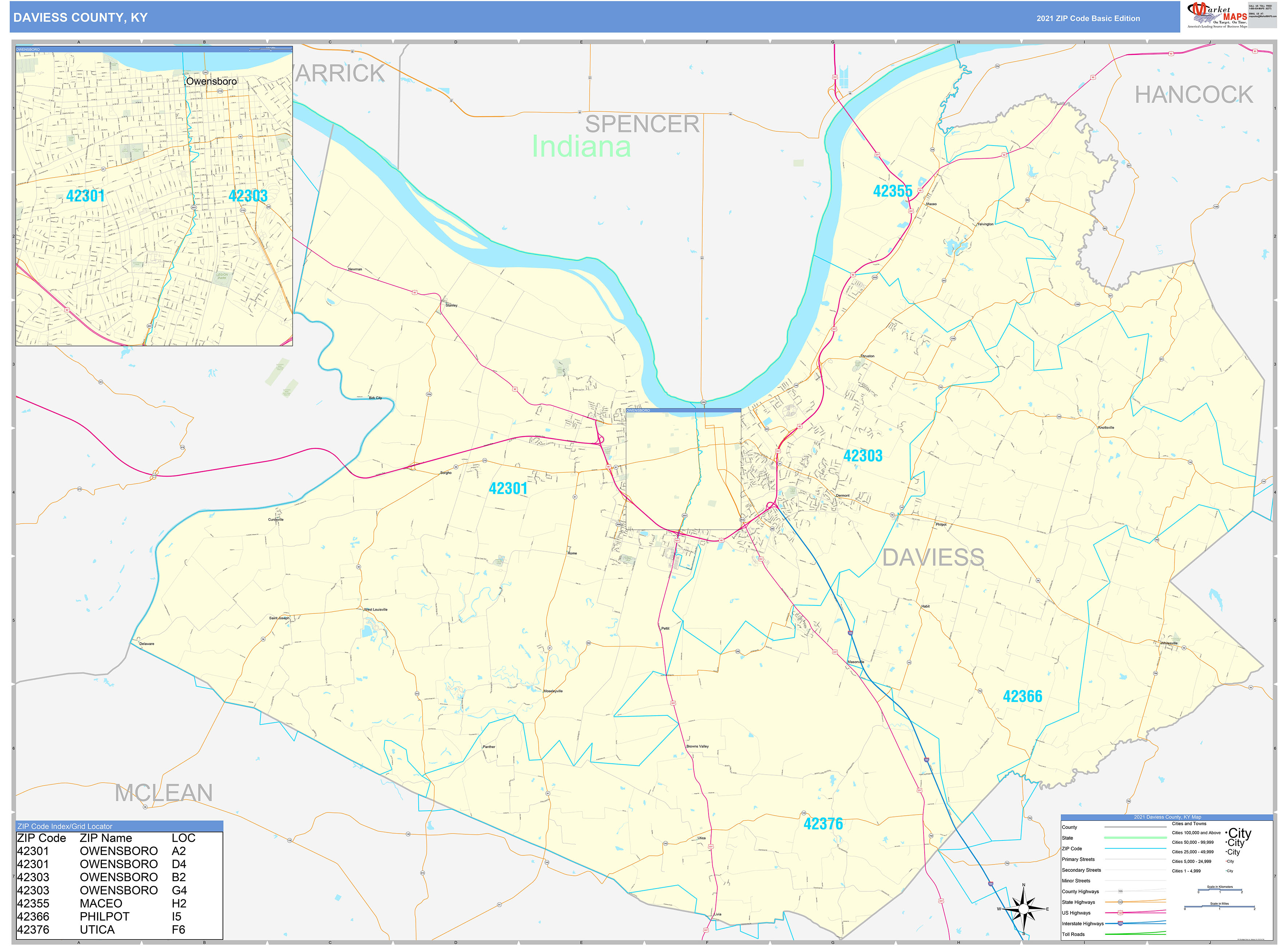 Daviess County, KY Zip Code Wall Map Basic Style by MarketMAPS