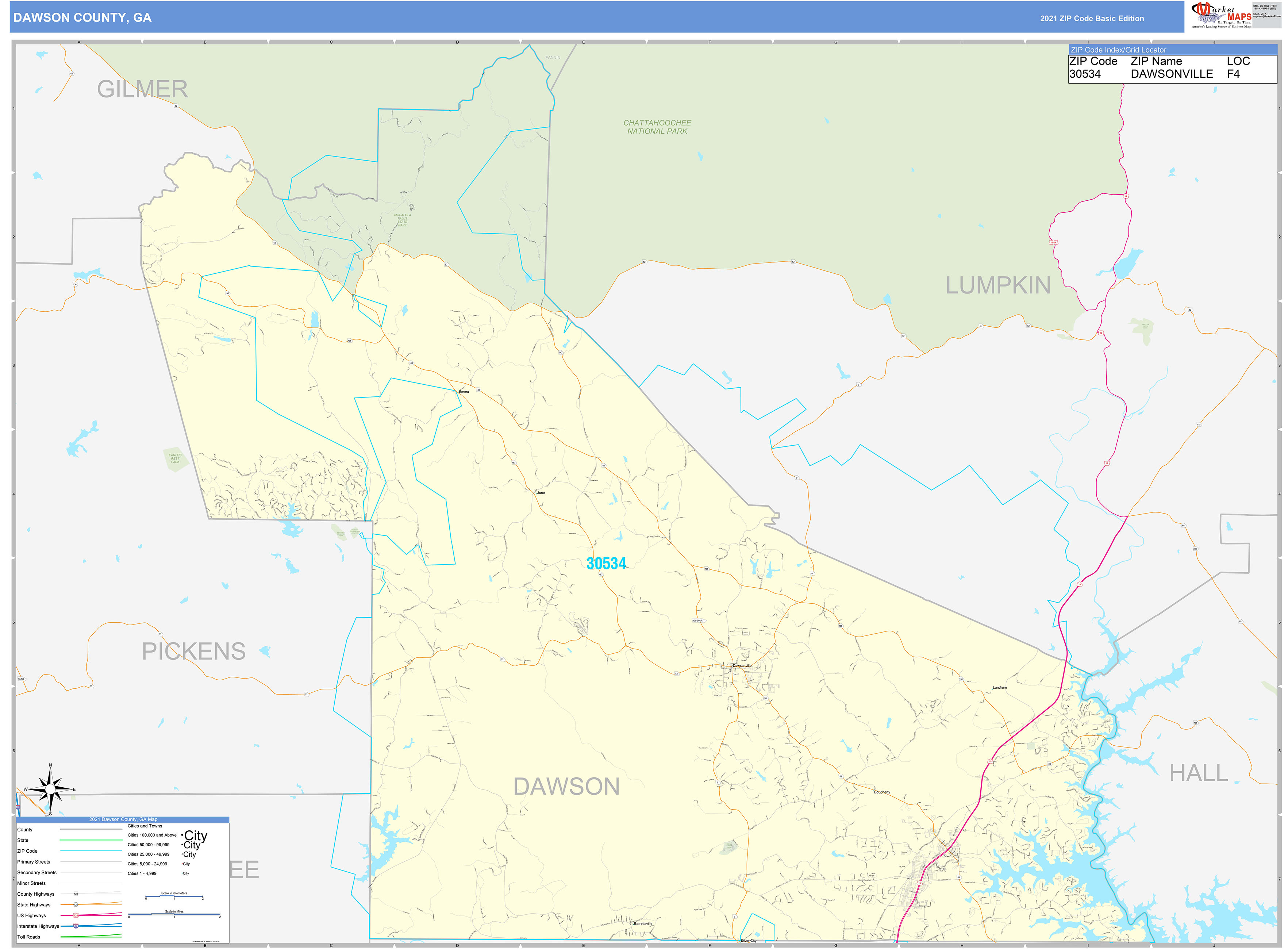 Dawson County, GA Zip Code Wall Map Basic Style by MarketMAPS MapSales
