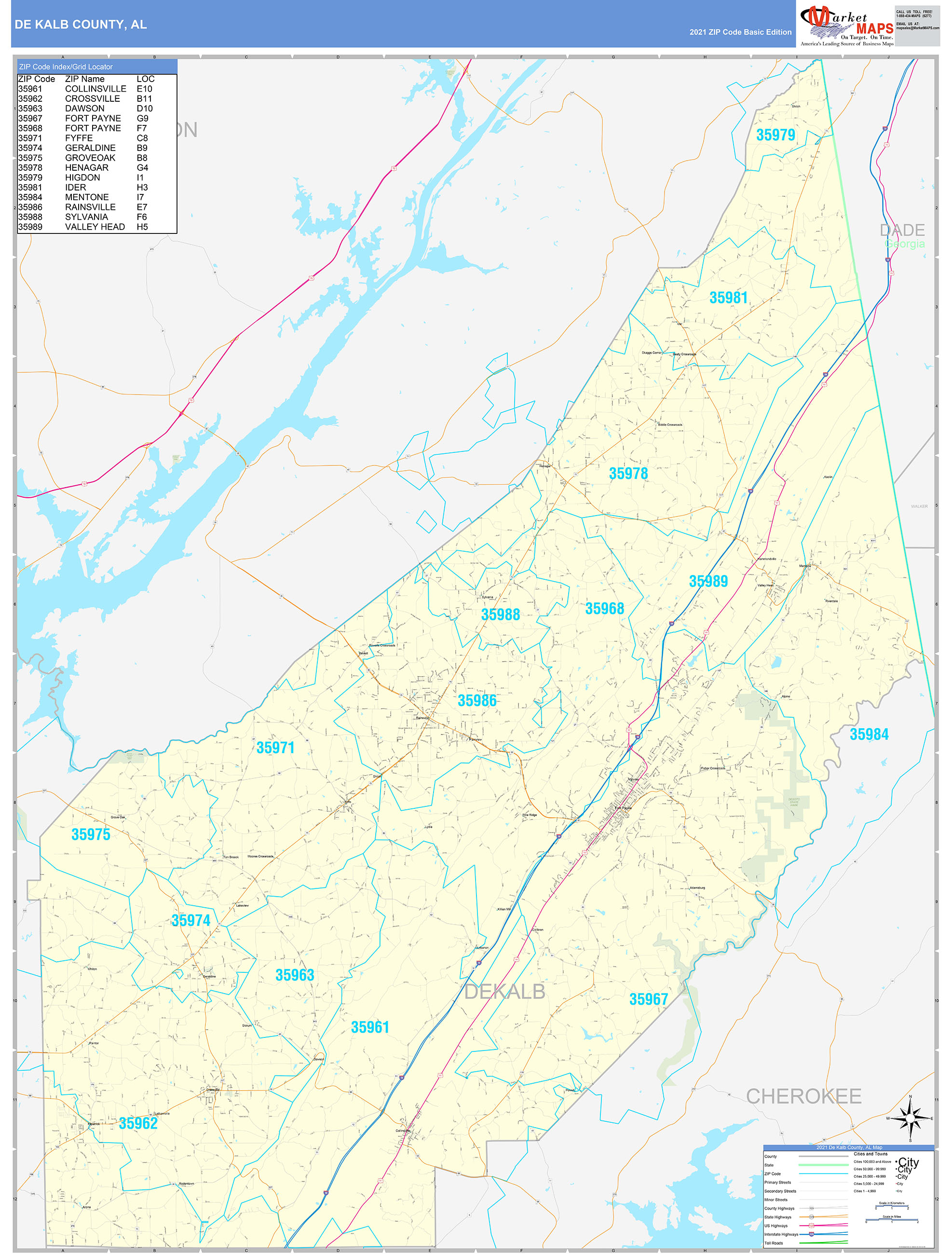 DeKalb County, AL Zip Code Wall Map Basic Style by MarketMAPS - MapSales