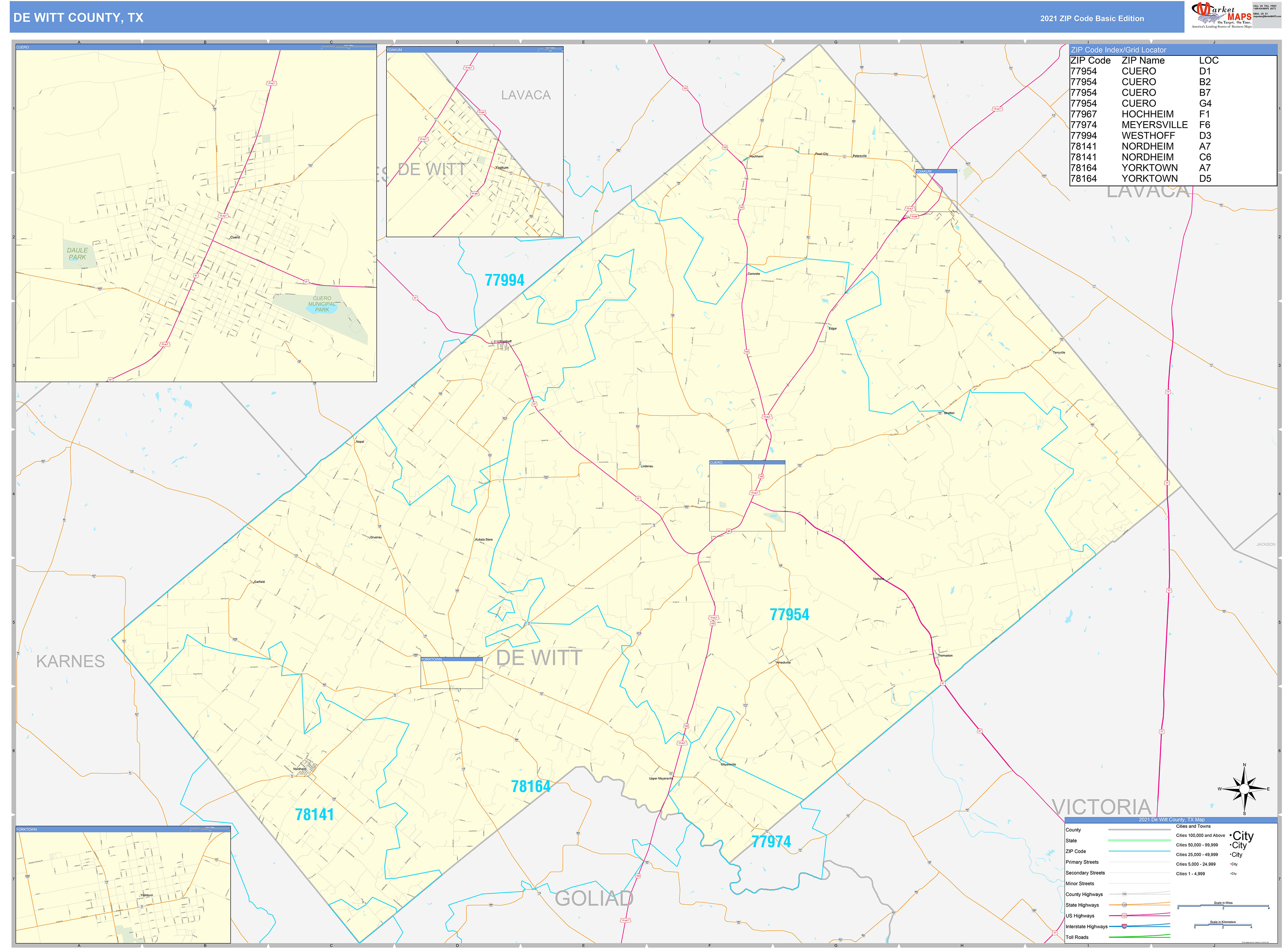 DeWitt County, TX Zip Code Wall Map Basic Style by MarketMAPS