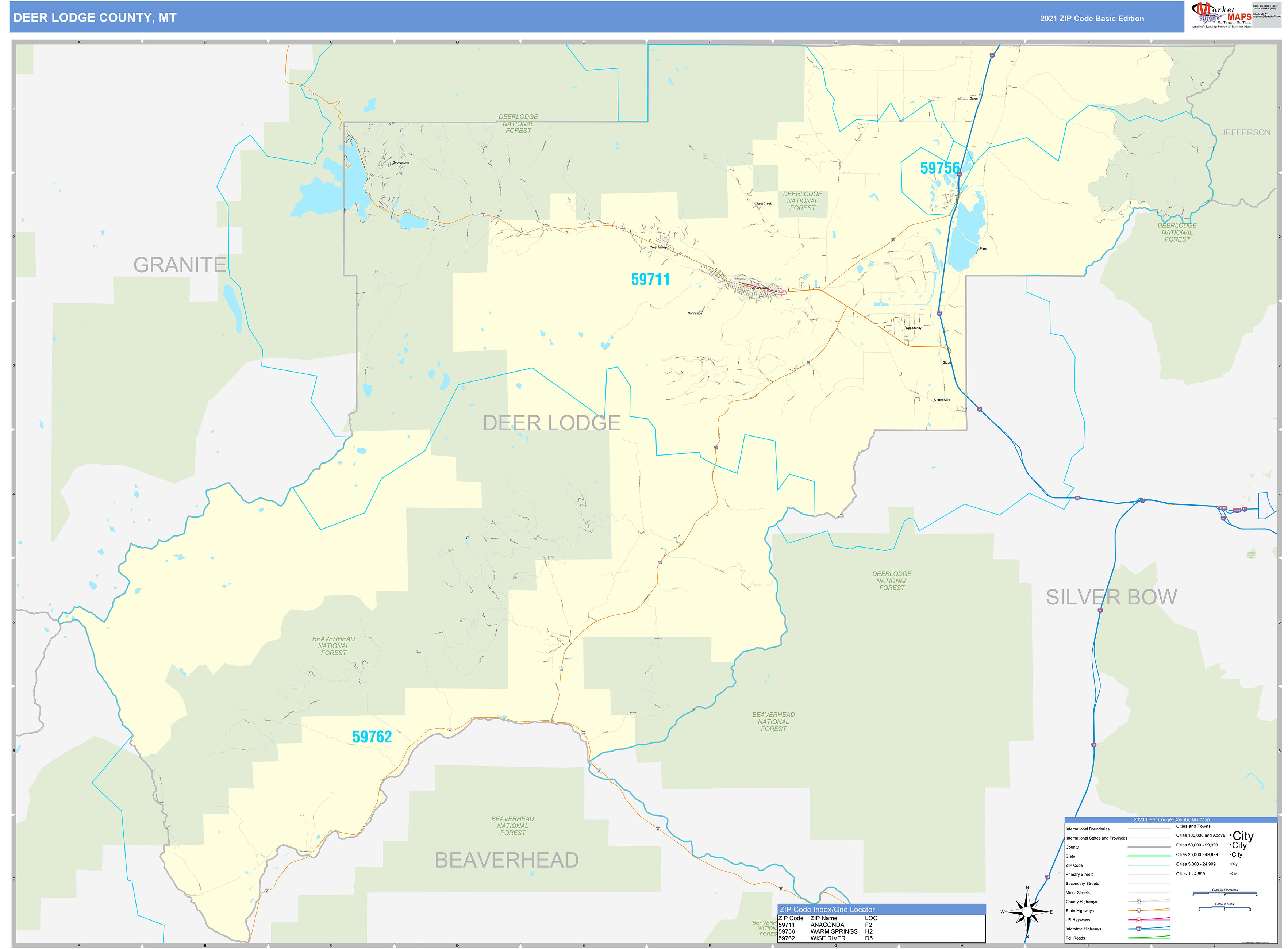 Deer Lodge County, MT Zip Code Wall Map Basic Style by MarketMAPS ...