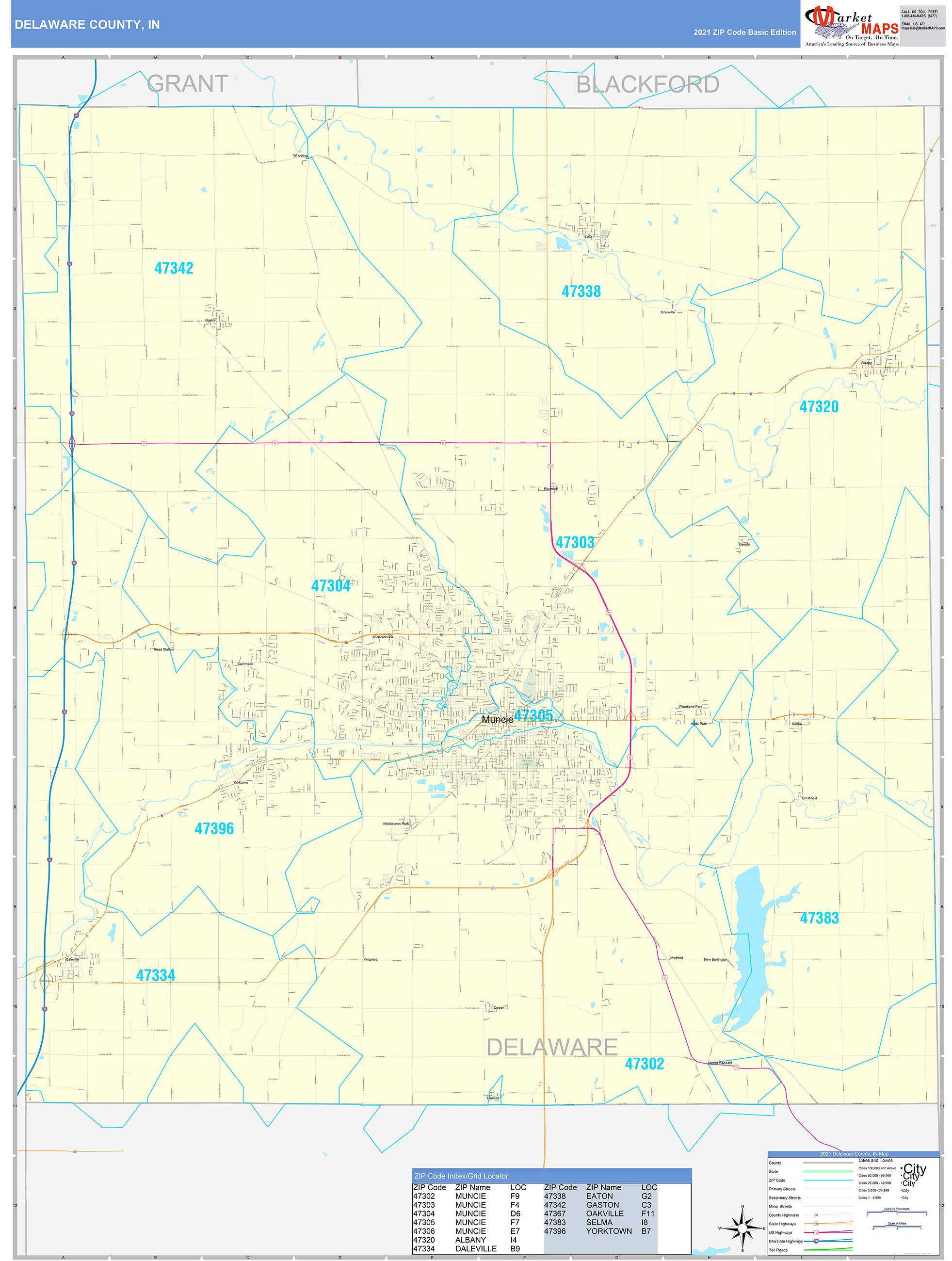 Delaware County, IN Zip Code Wall Map Basic Style by MarketMAPS MapSales