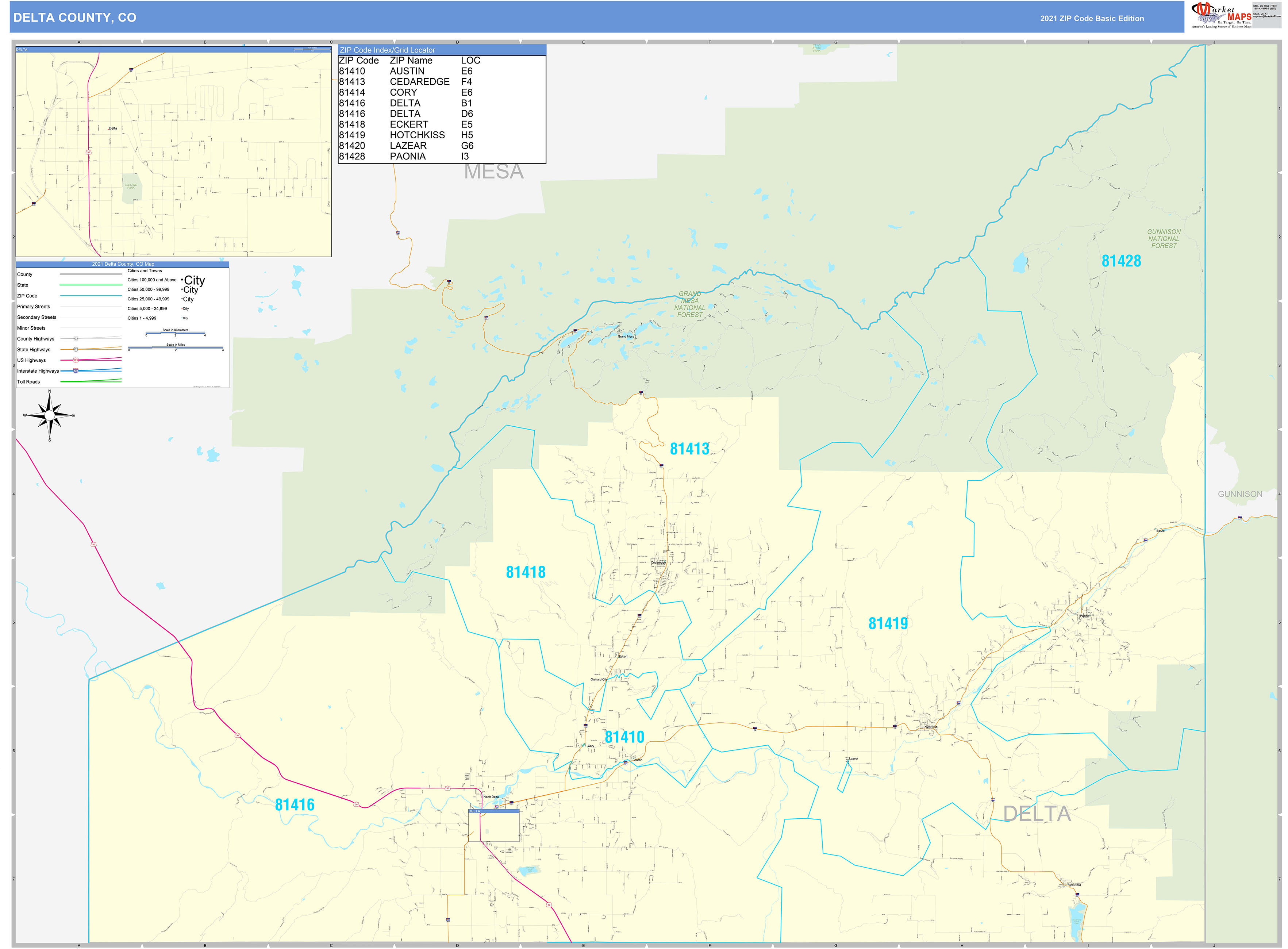 Delta County, CO Zip Code Wall Map Basic Style by MarketMAPS