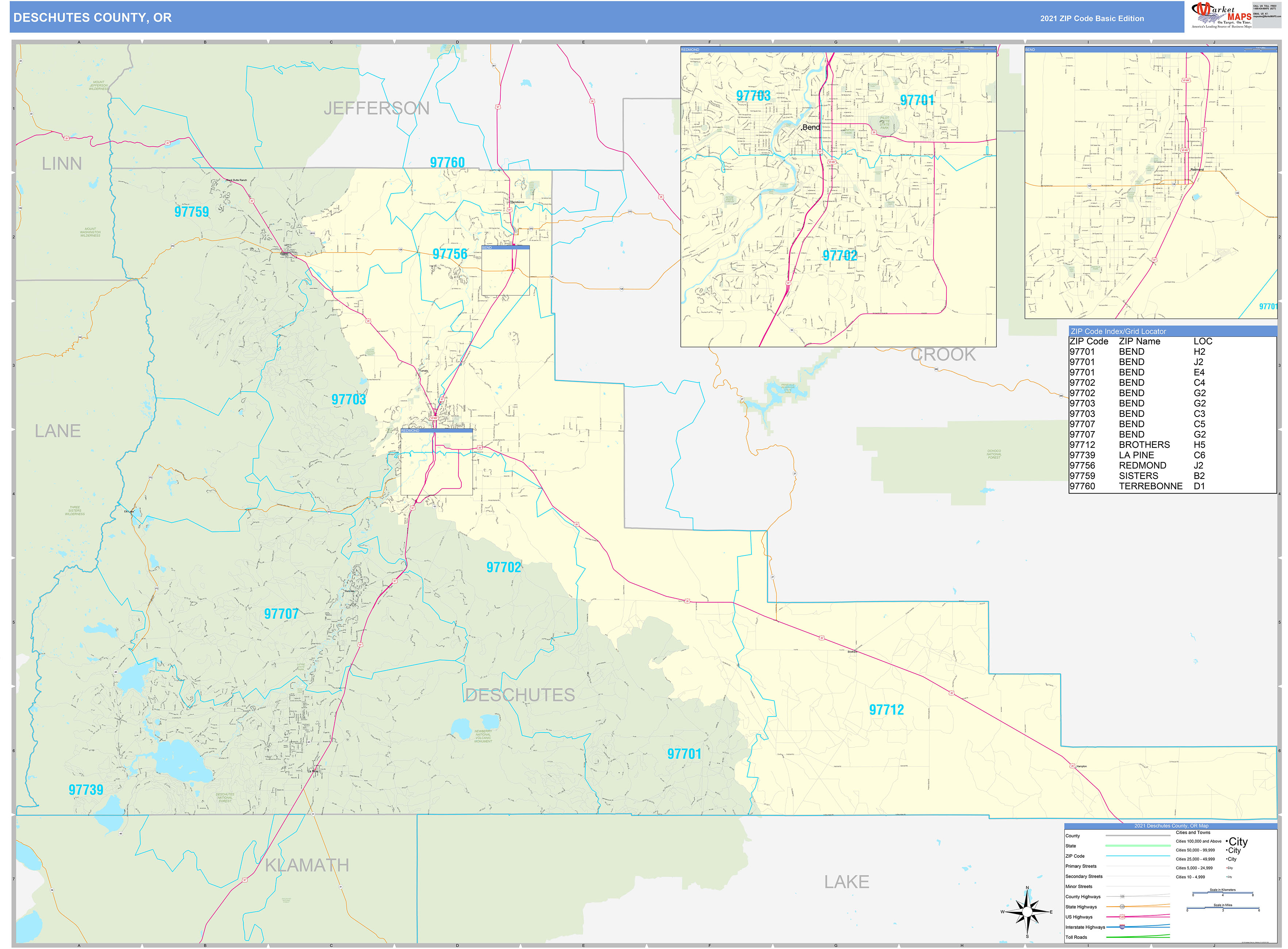 Deschutes County OR Zip Code Wall Map Basic Style by MarketMAPS MapSales