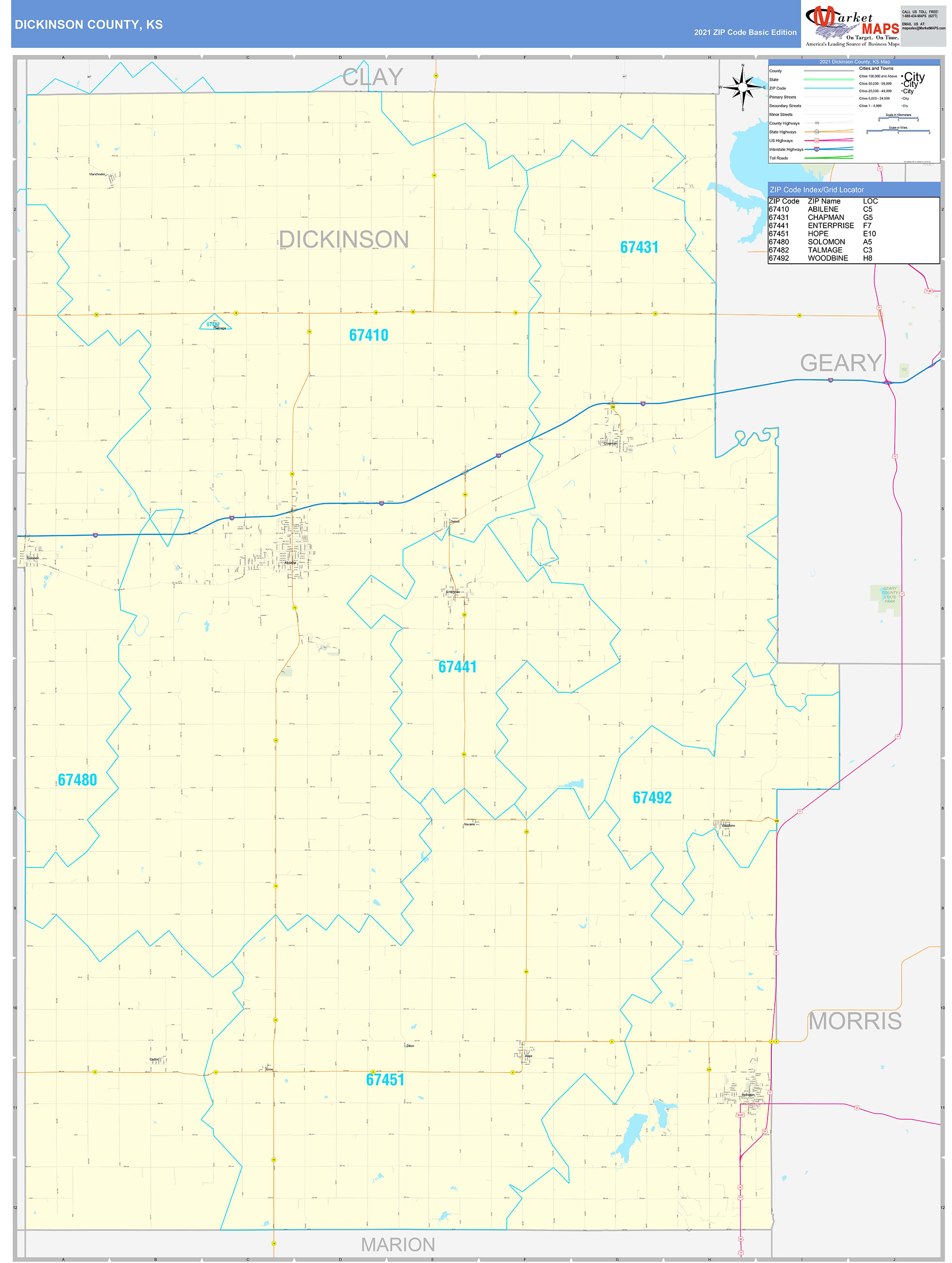Dickinson County Ks Zip Code Wall Map Basic Style By Marketmaps Mapsales 9821
