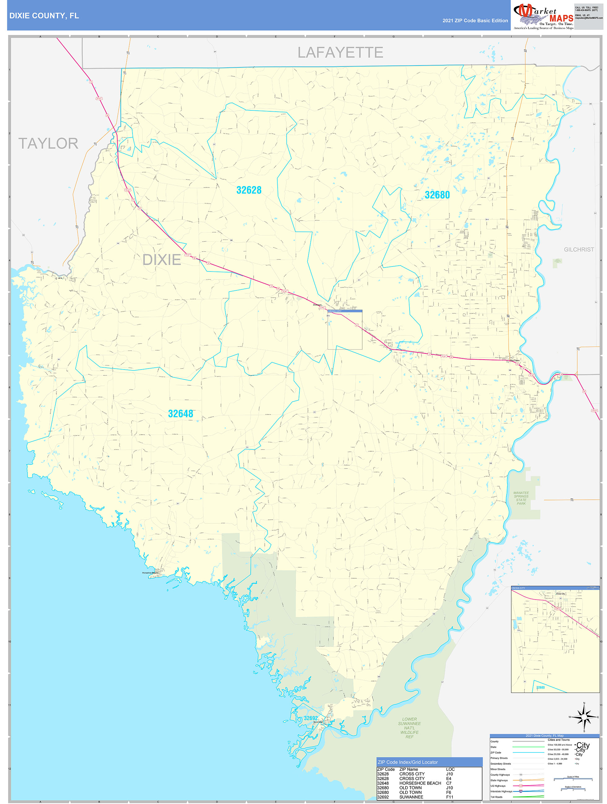 Dixie County, FL Zip Code Wall Map Basic Style by MarketMAPS - MapSales