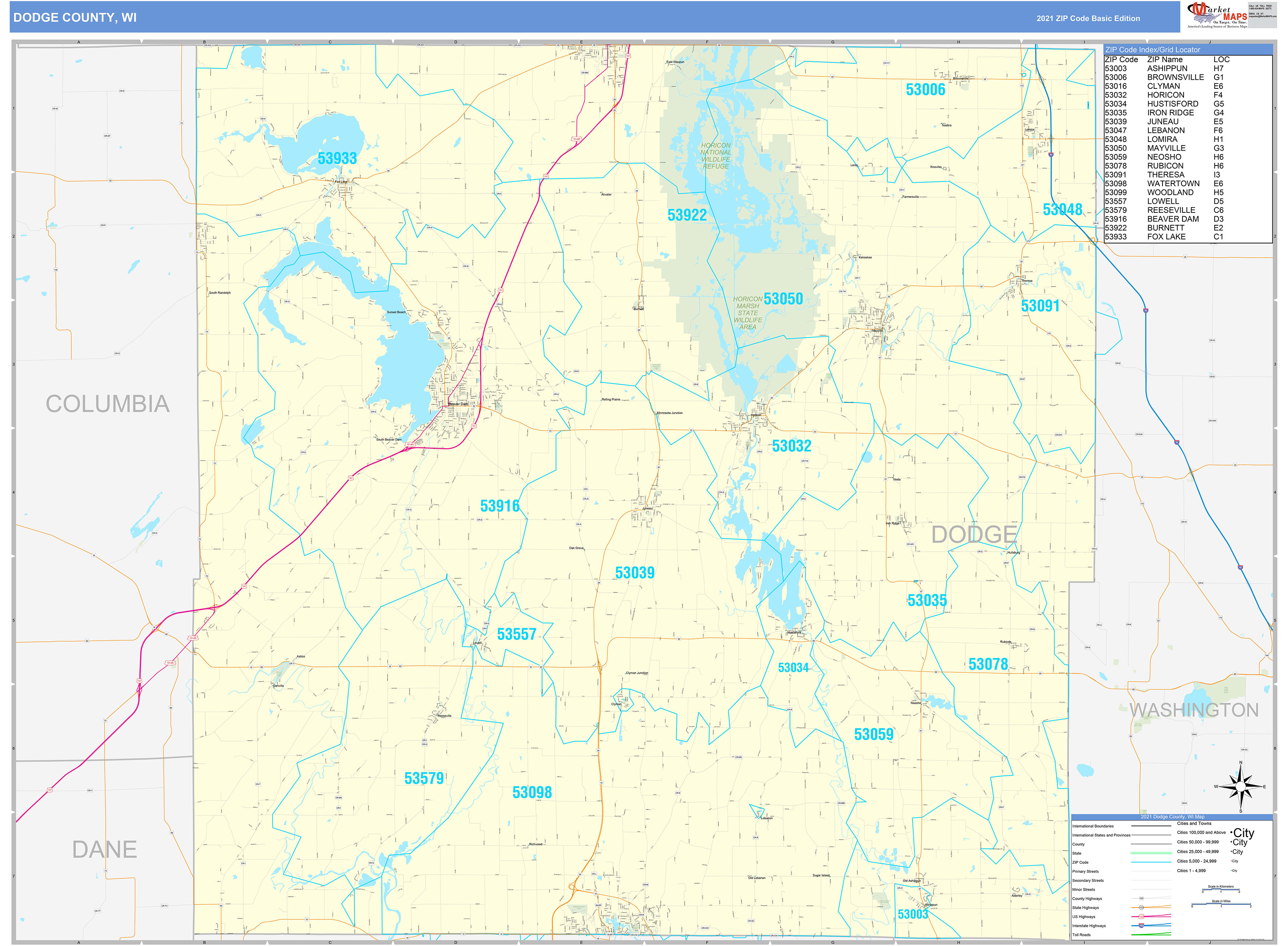 Dodge County, WI Zip Code Wall Map Basic Style by MarketMAPS MapSales