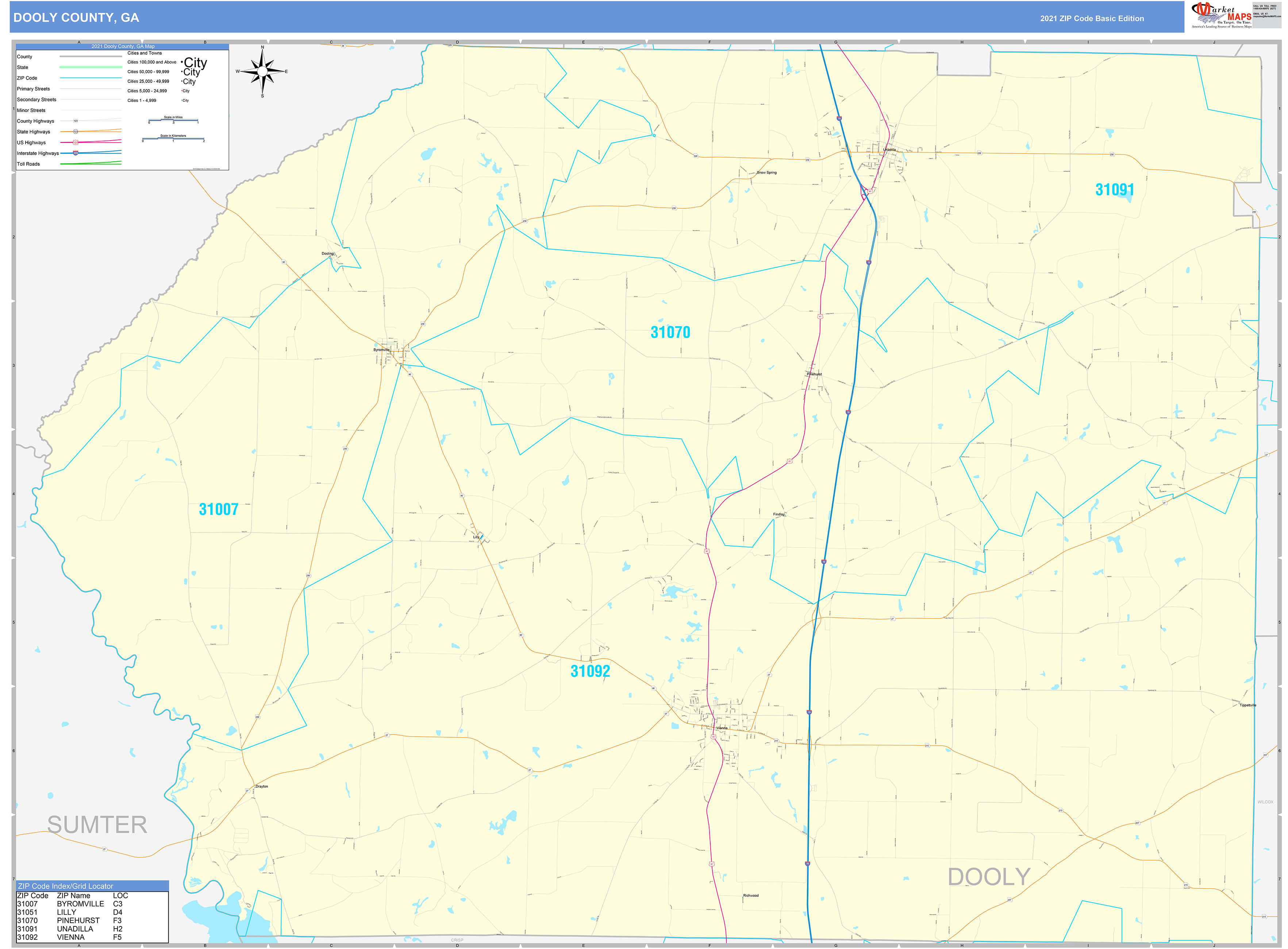 Dooly County GA Zip Code Wall Map Basic Style by MarketMAPS MapSales