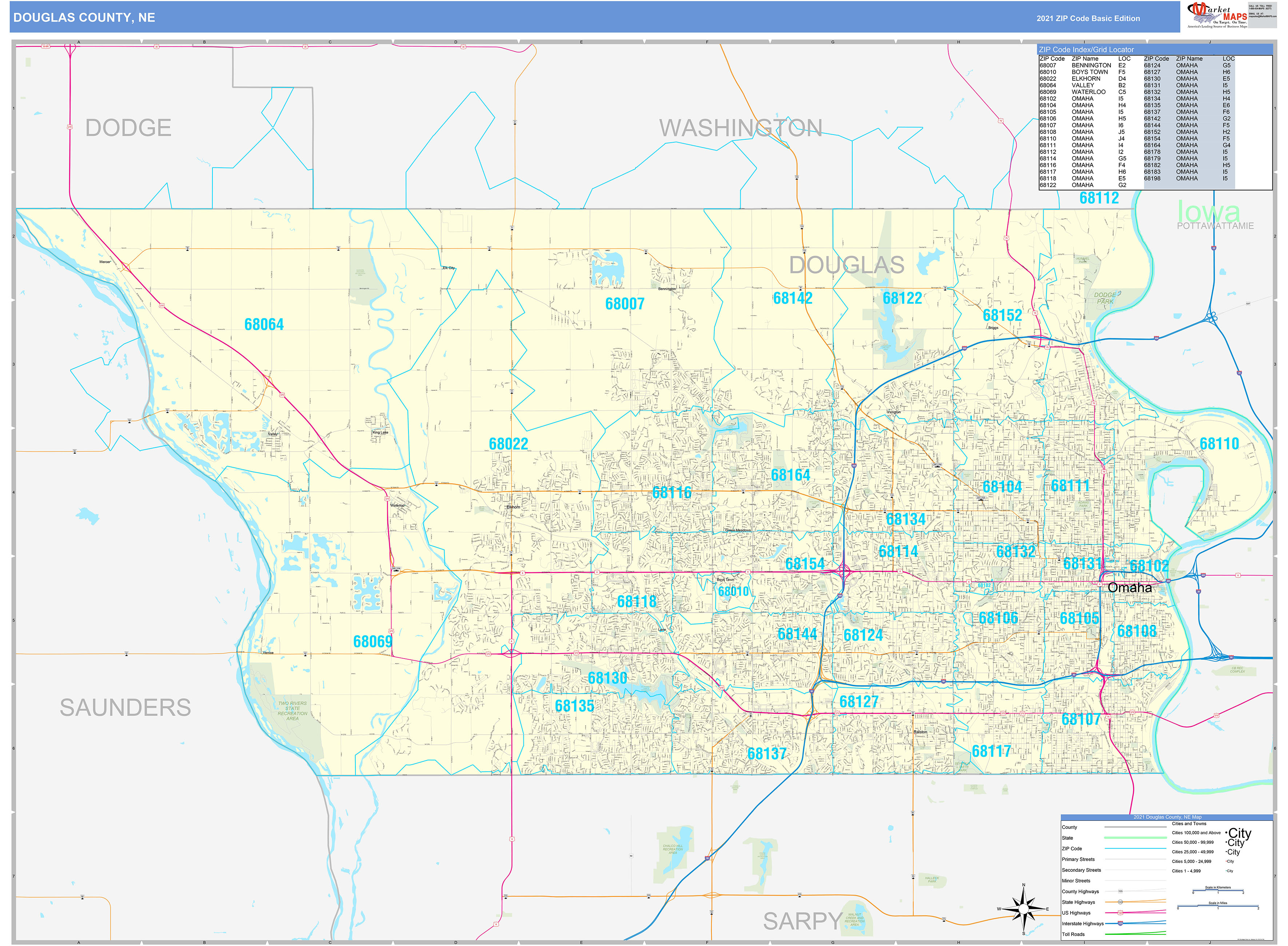 Douglas County, NE Zip Code Wall Map Basic Style by MarketMAPS MapSales