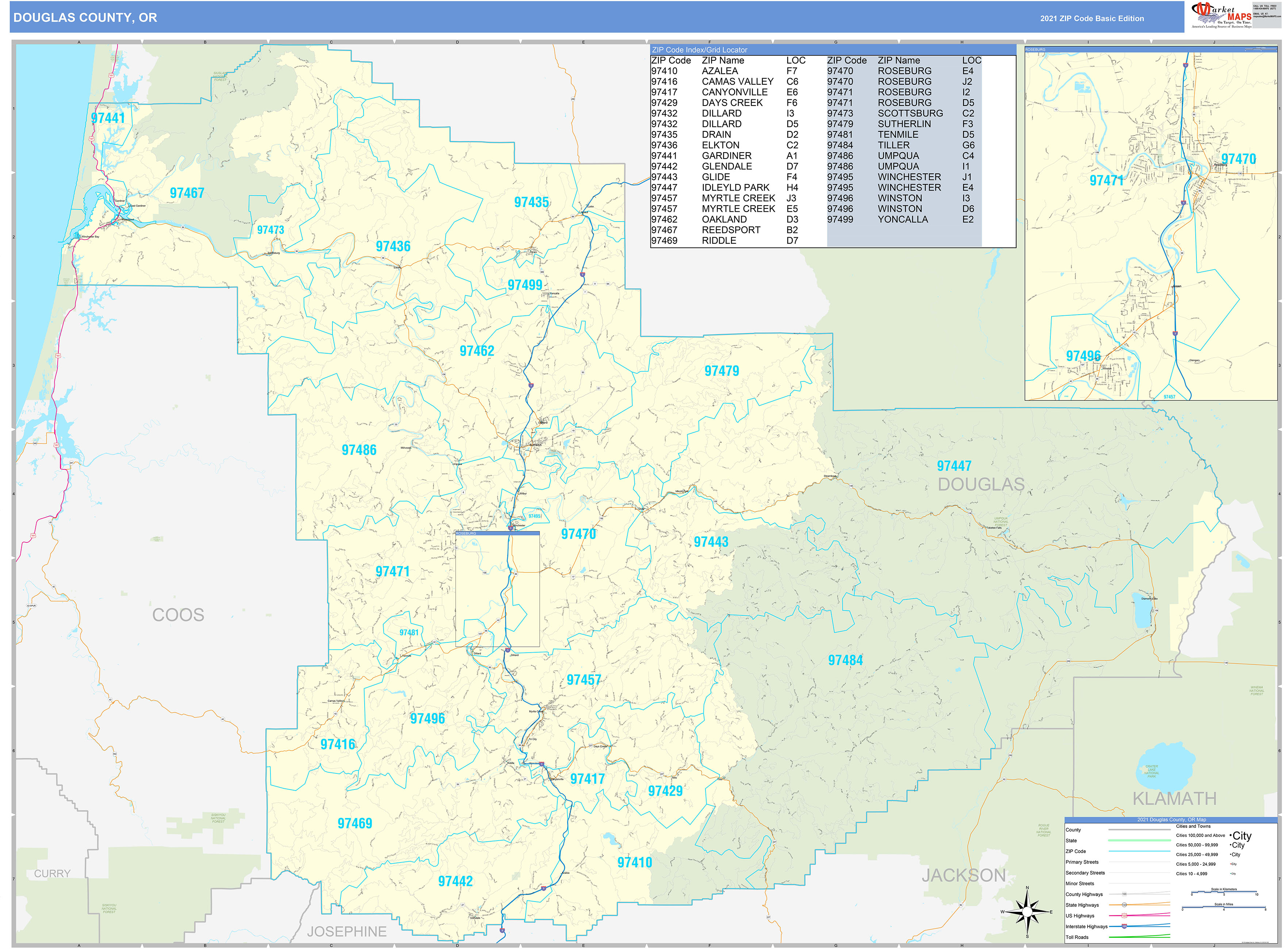Douglas County, OR Zip Code Wall Map Basic Style by MarketMAPS