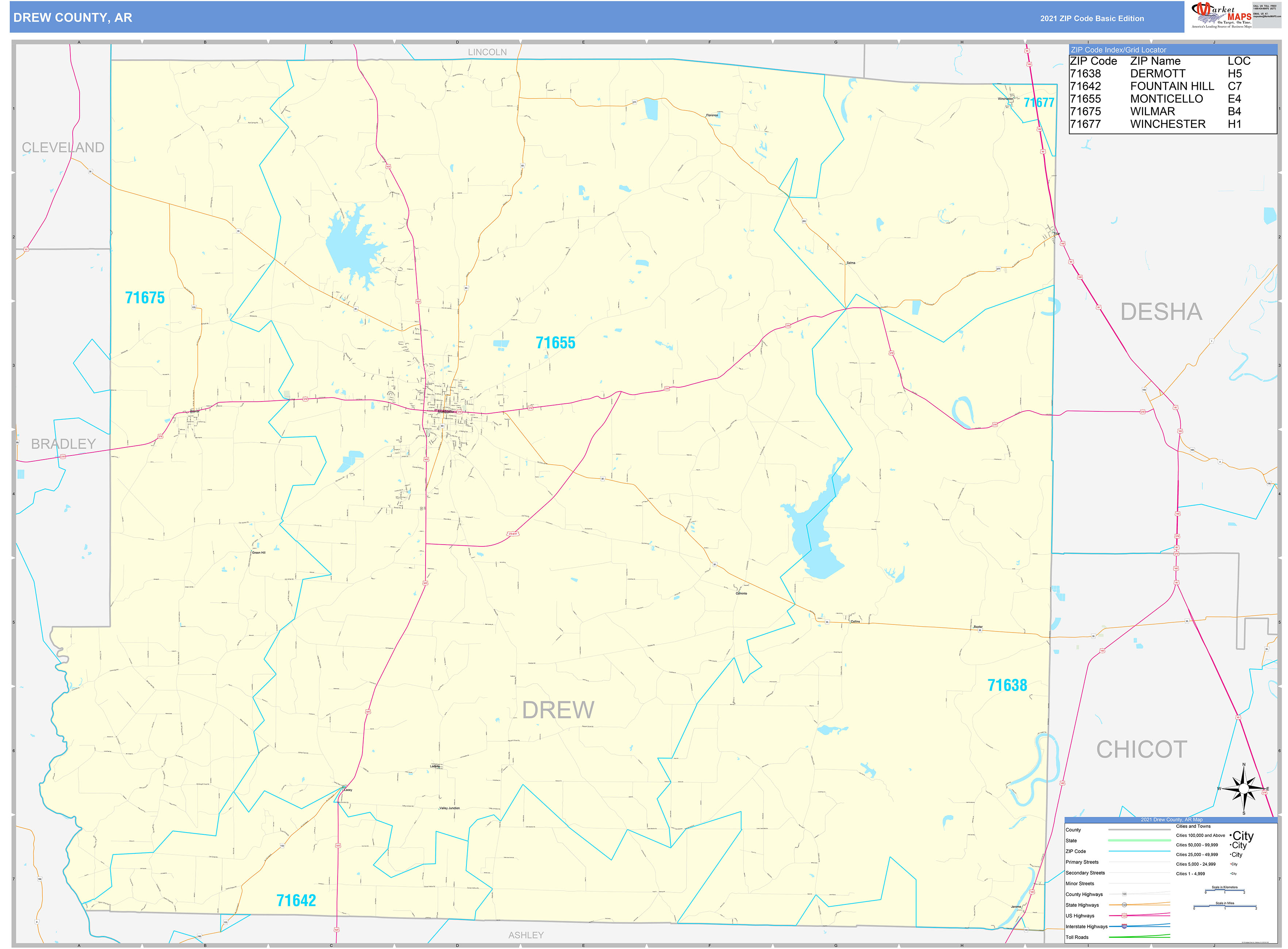 Drew County, AR Zip Code Wall Map Basic Style by MarketMAPS