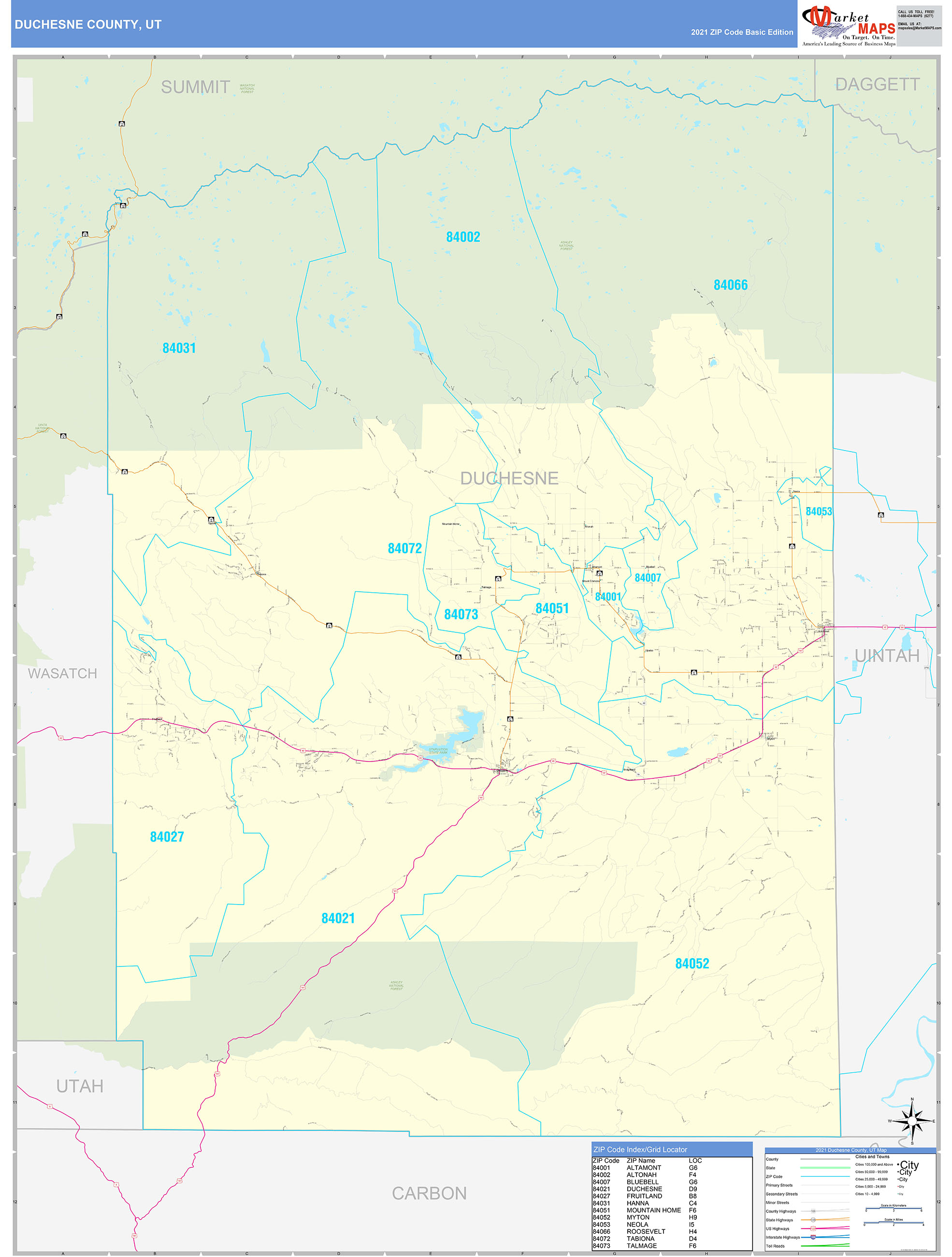 Duchesne County, UT Zip Code Wall Map Basic Style by MarketMAPS