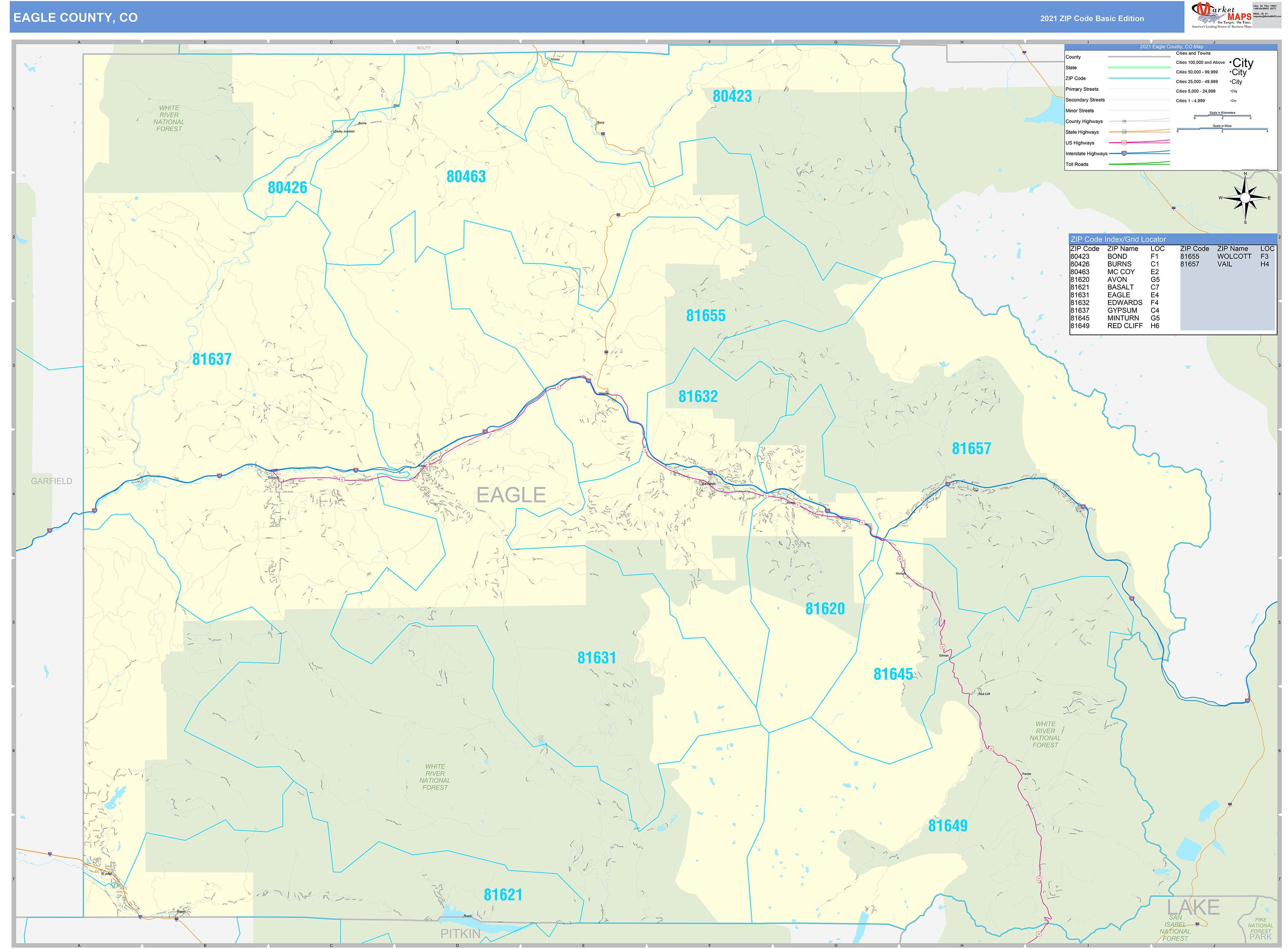 Eagle County, CO Zip Code Wall Map Basic Style by MarketMAPS