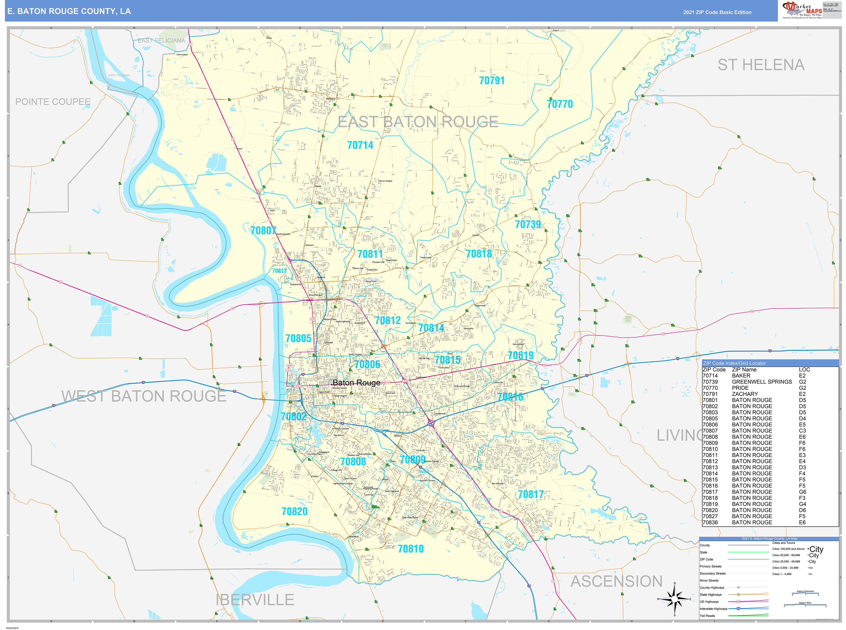 E. Baton Rouge County, LA Zip Code Wall Map Basic Style by MarketMAPS