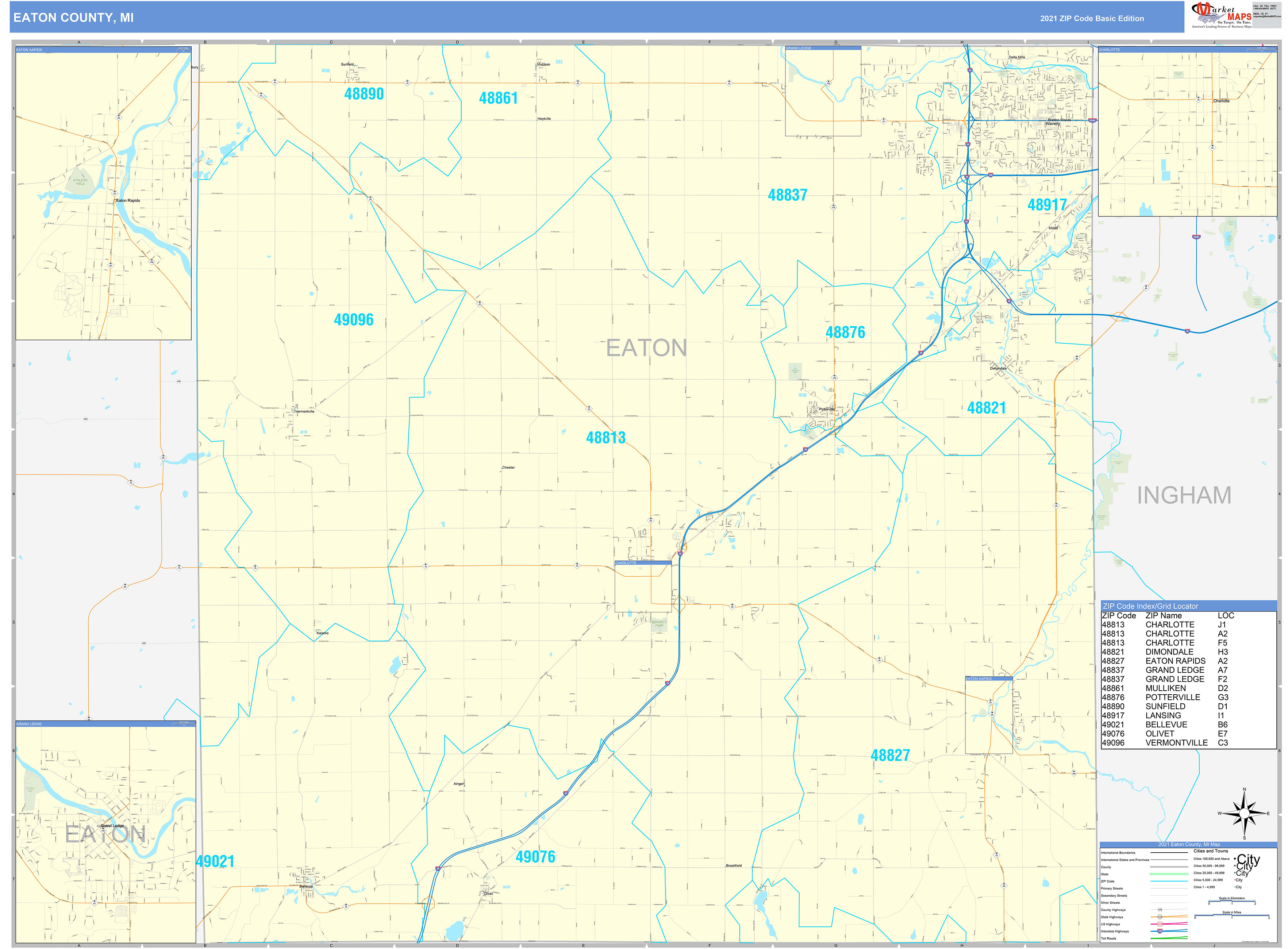 Eaton County, MI Zip Code Wall Map Basic Style by MarketMAPS - MapSales