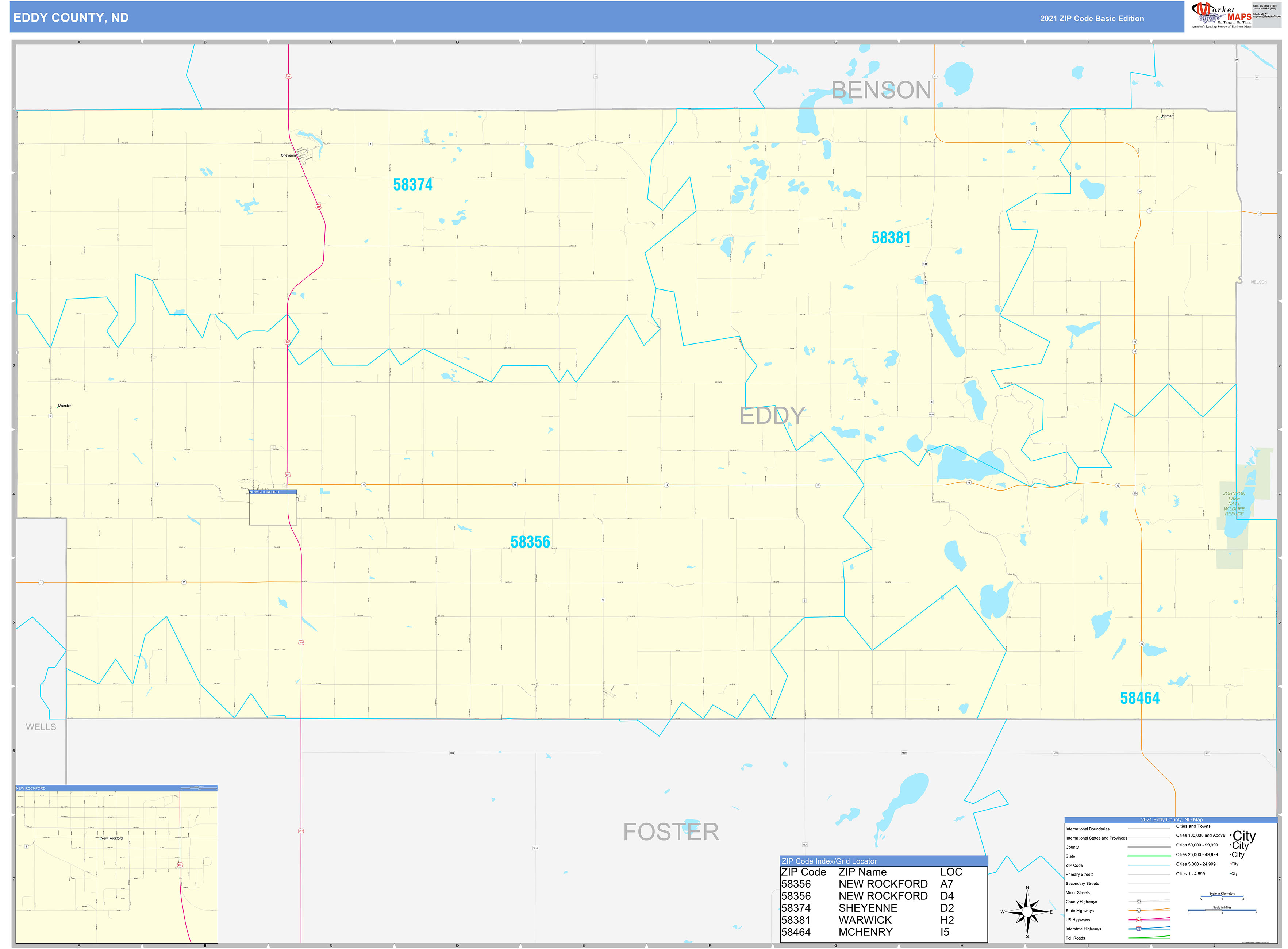 Eddy County, ND Zip Code Wall Map Basic Style by MarketMAPS - MapSales