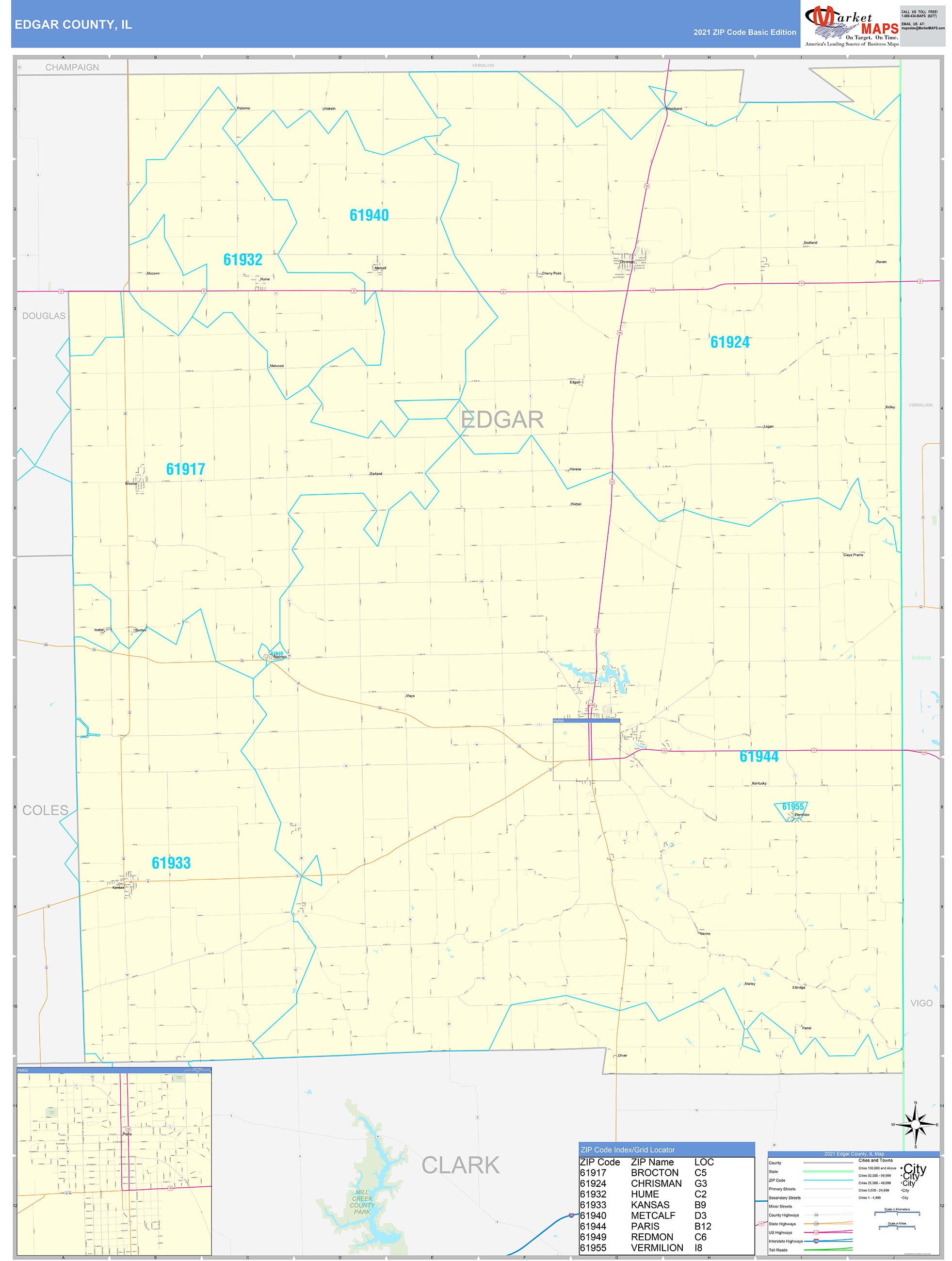 Edgar County, IL Zip Code Wall Map Basic Style by MarketMAPS - MapSales