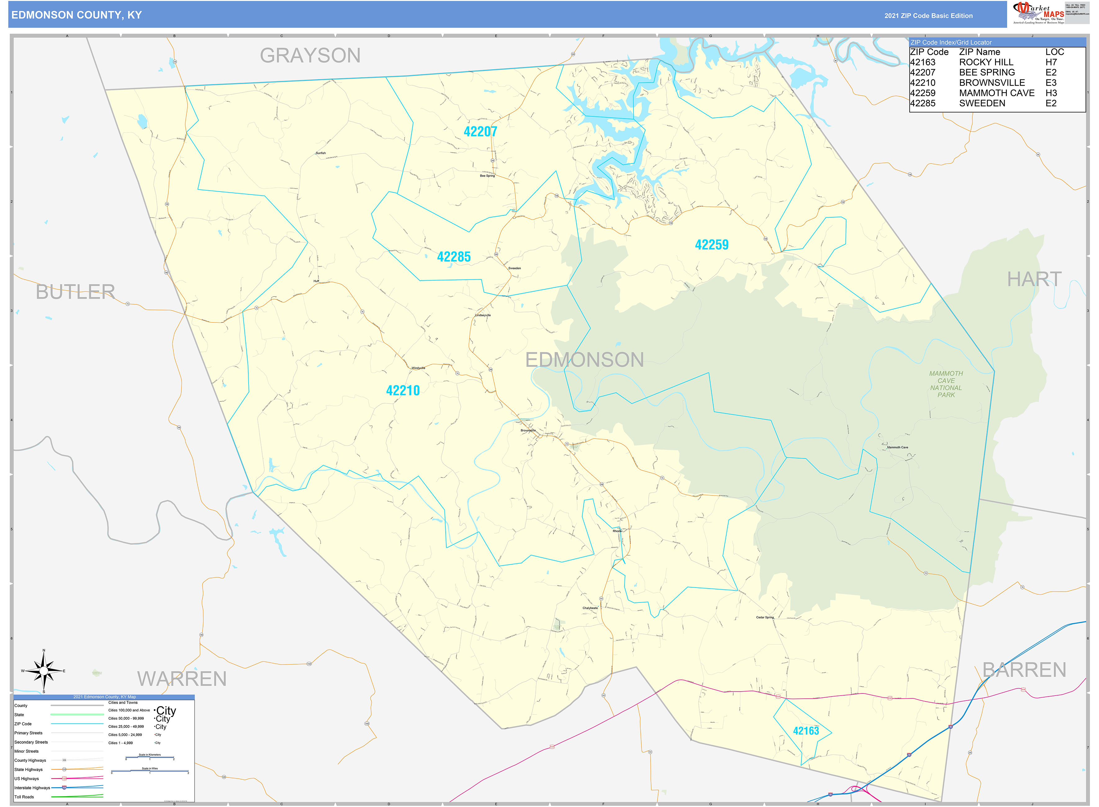 Edmonson County, KY Zip Code Wall Map Basic Style By MarketMAPS - MapSales