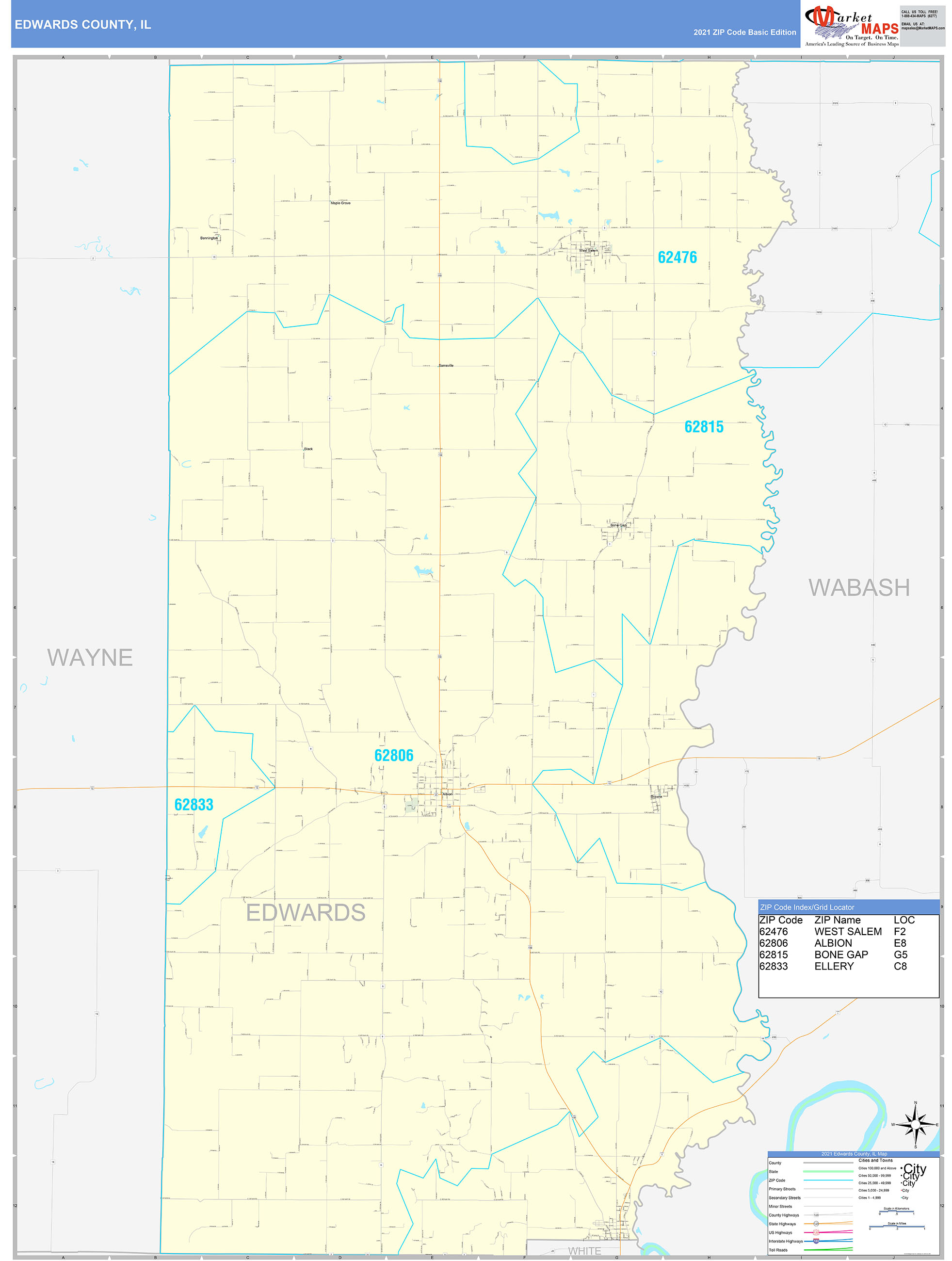 Edwards County, IL Zip Code Wall Map Basic Style by MarketMAPS MapSales