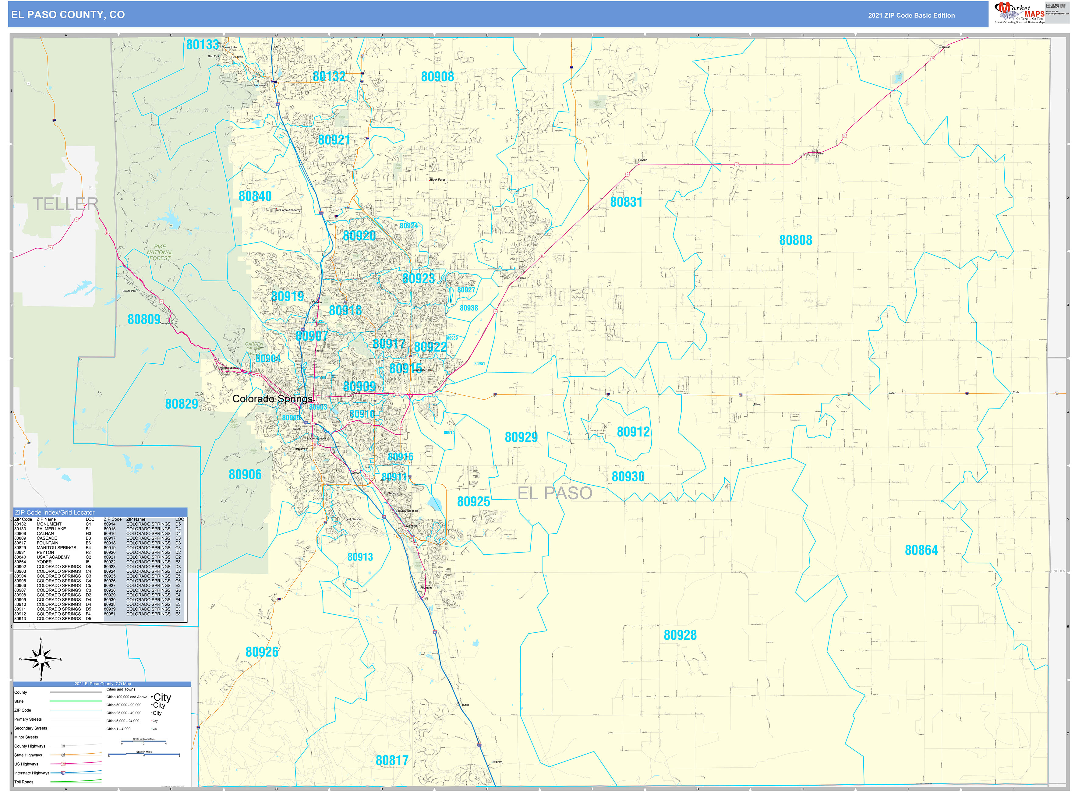 El Paso County, CO Zip Code Wall Map Basic Style by MarketMAPS - MapSales