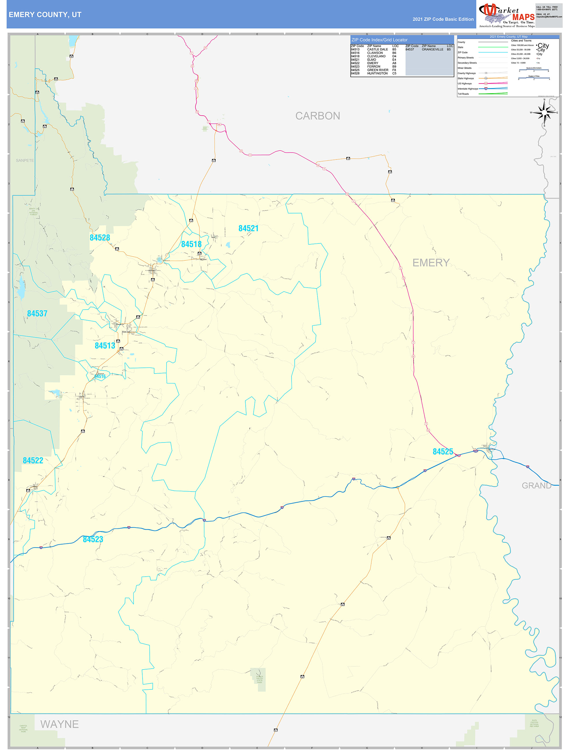 Emery County, Ut Zip Code Wall Map Basic Style By Marketmaps - Mapsales