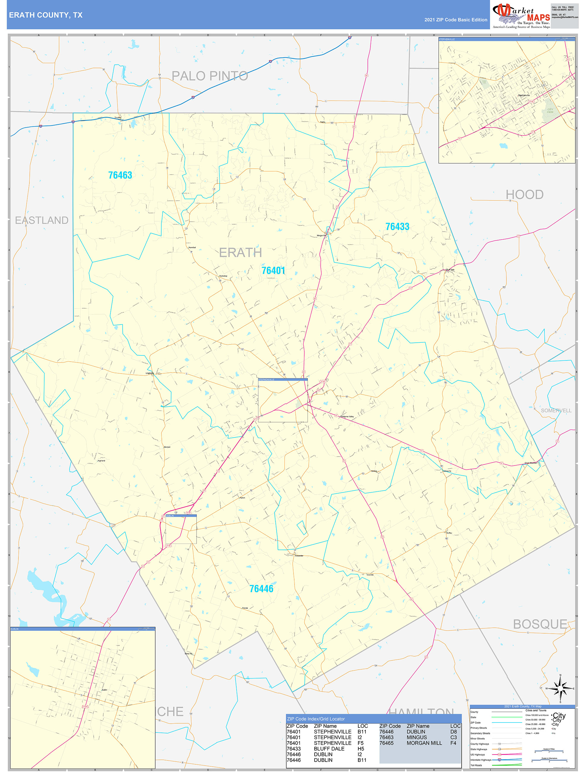Erath County, TX Zip Code Wall Map Basic Style by MarketMAPS MapSales