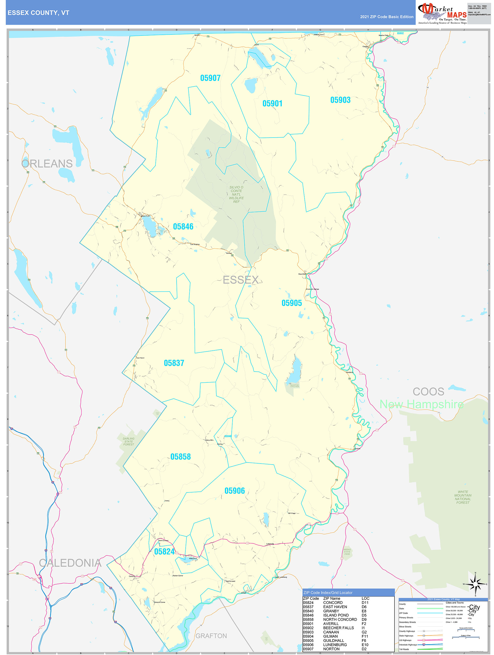 Essex County, VT Zip Code Wall Map Basic Style by MarketMAPS - MapSales