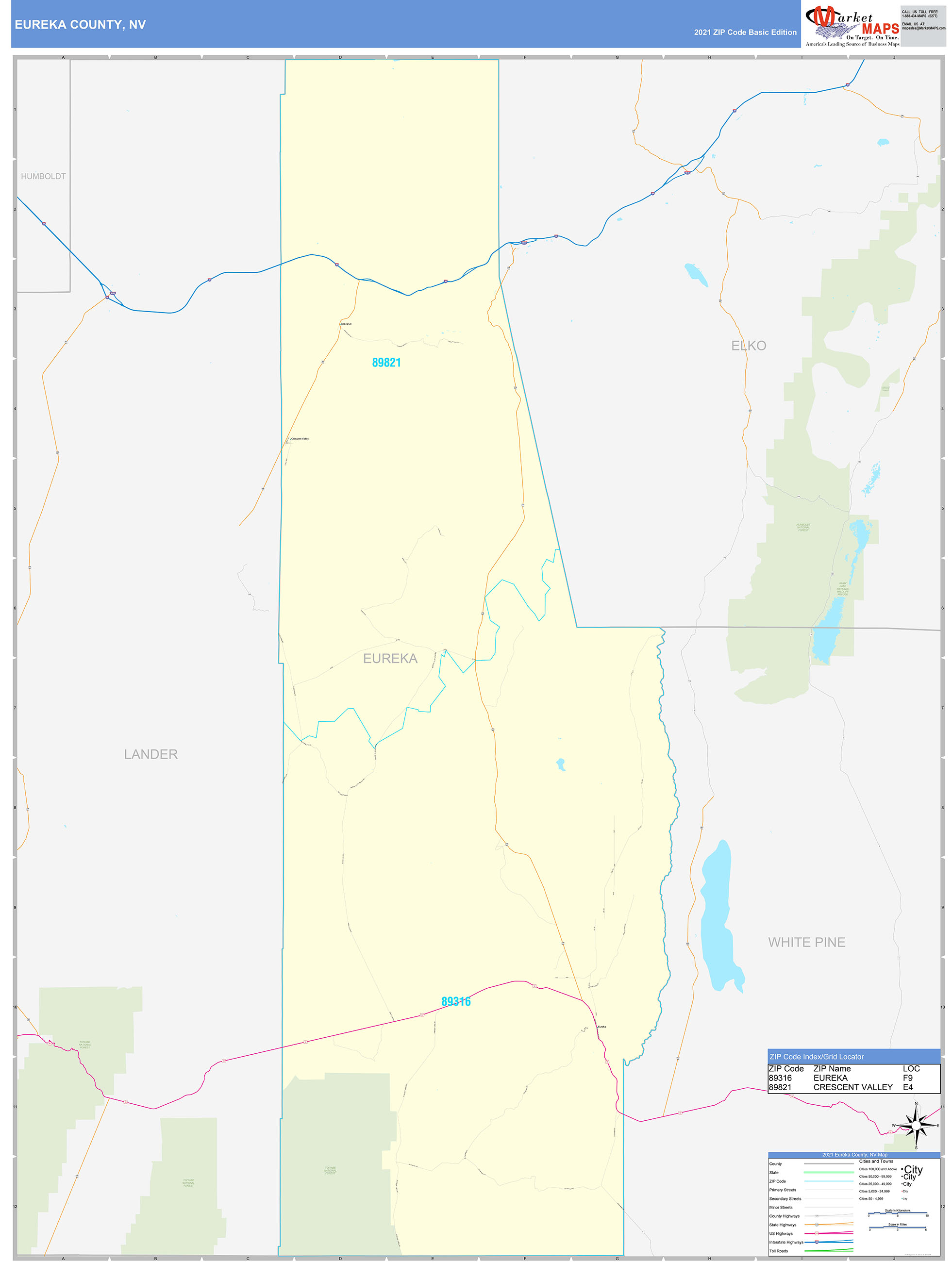 Eureka County Nv Zip Code Wall Map Basic Style By Marketmaps Mapsales 8180