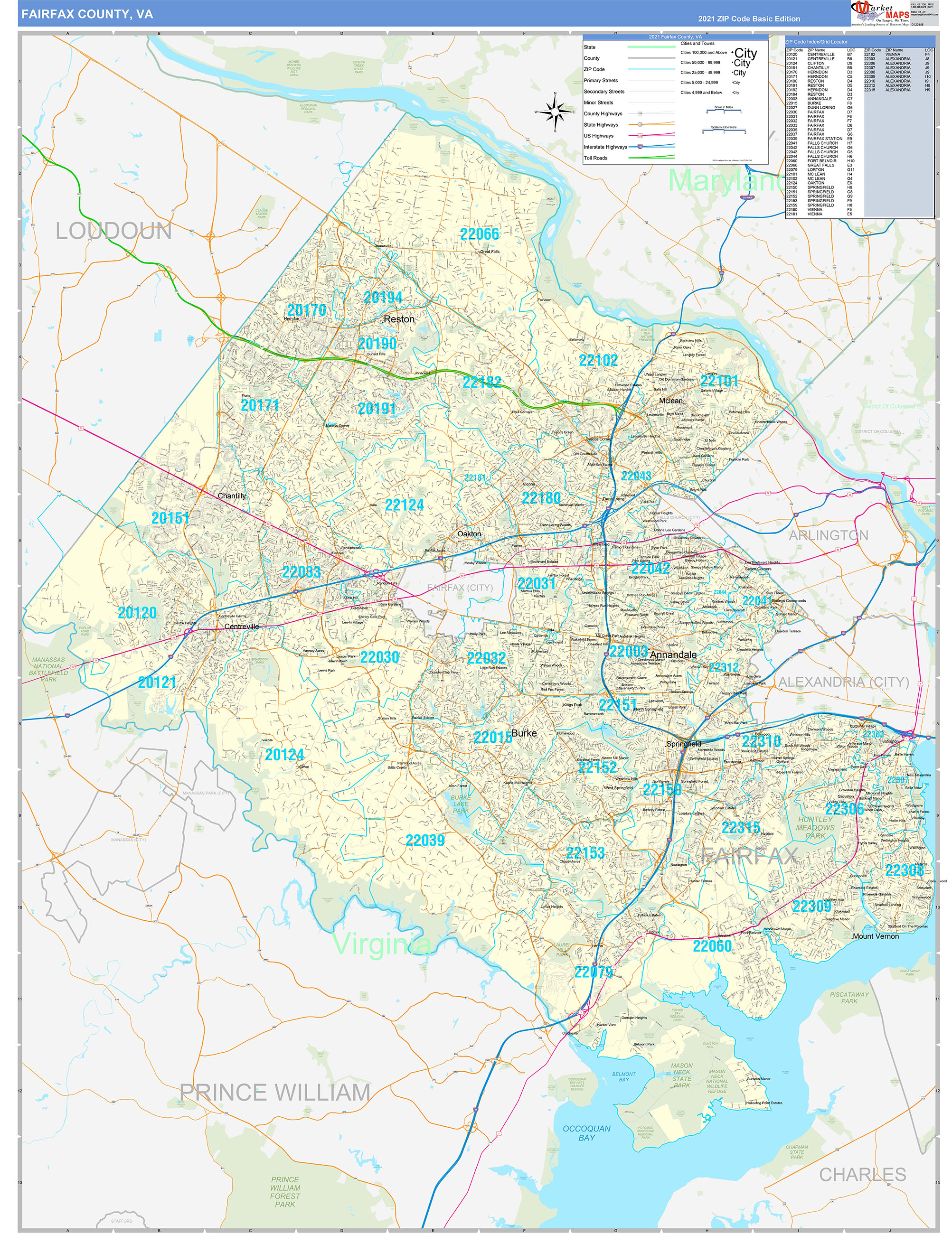 Fairfax County, VA Zip Code Wall Map Basic Style by MarketMAPS MapSales