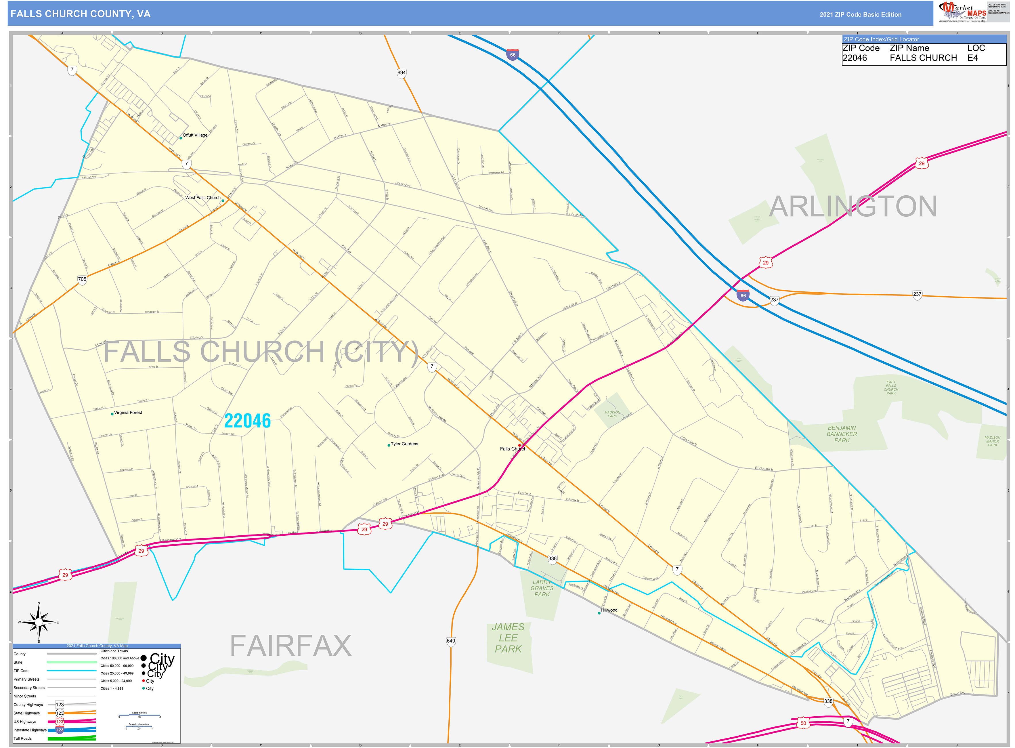 Falls Church County Va Zip Code Wall Map Basic Style By Marketmaps