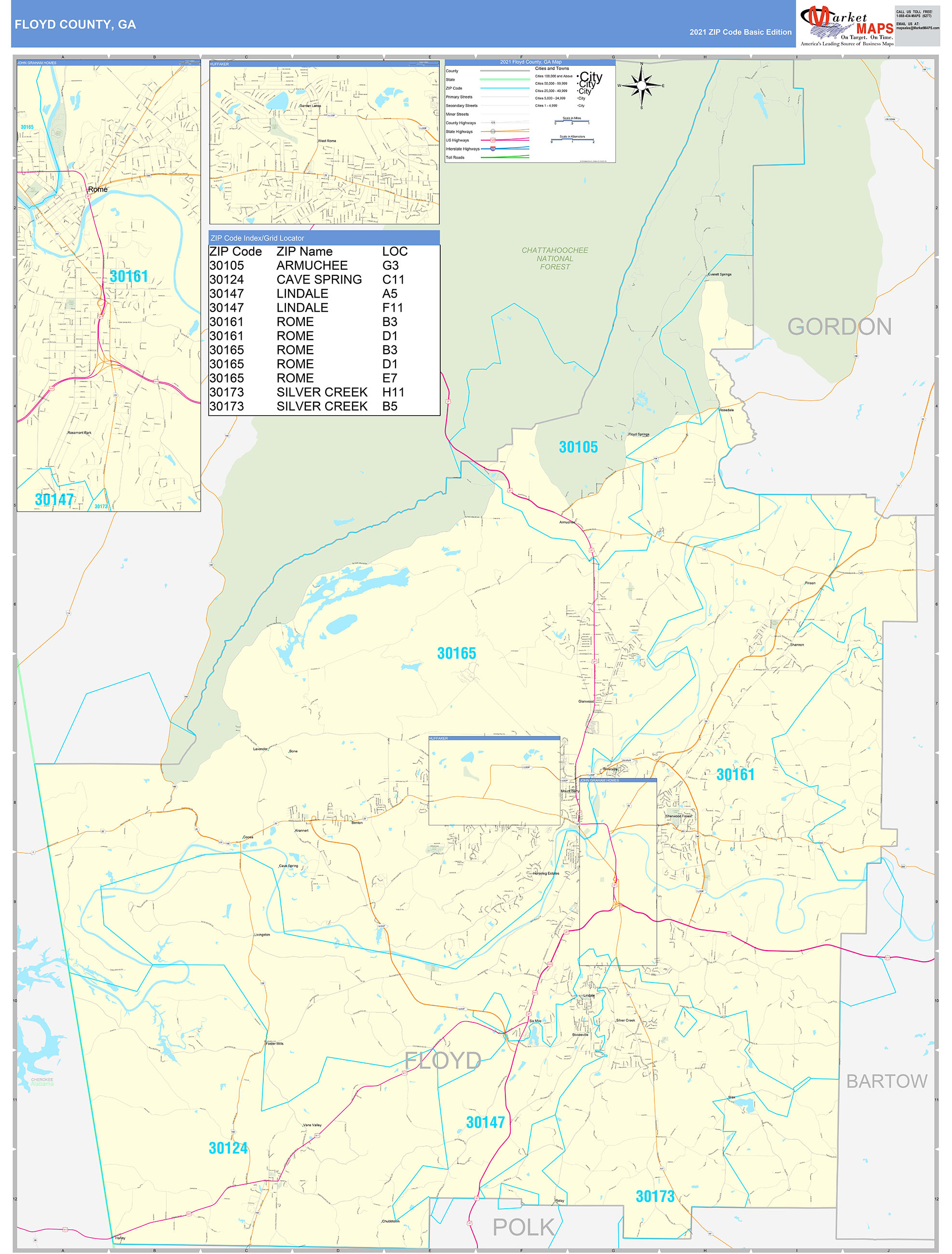 Floyd County, GA Zip Code Wall Map Basic Style by MarketMAPS