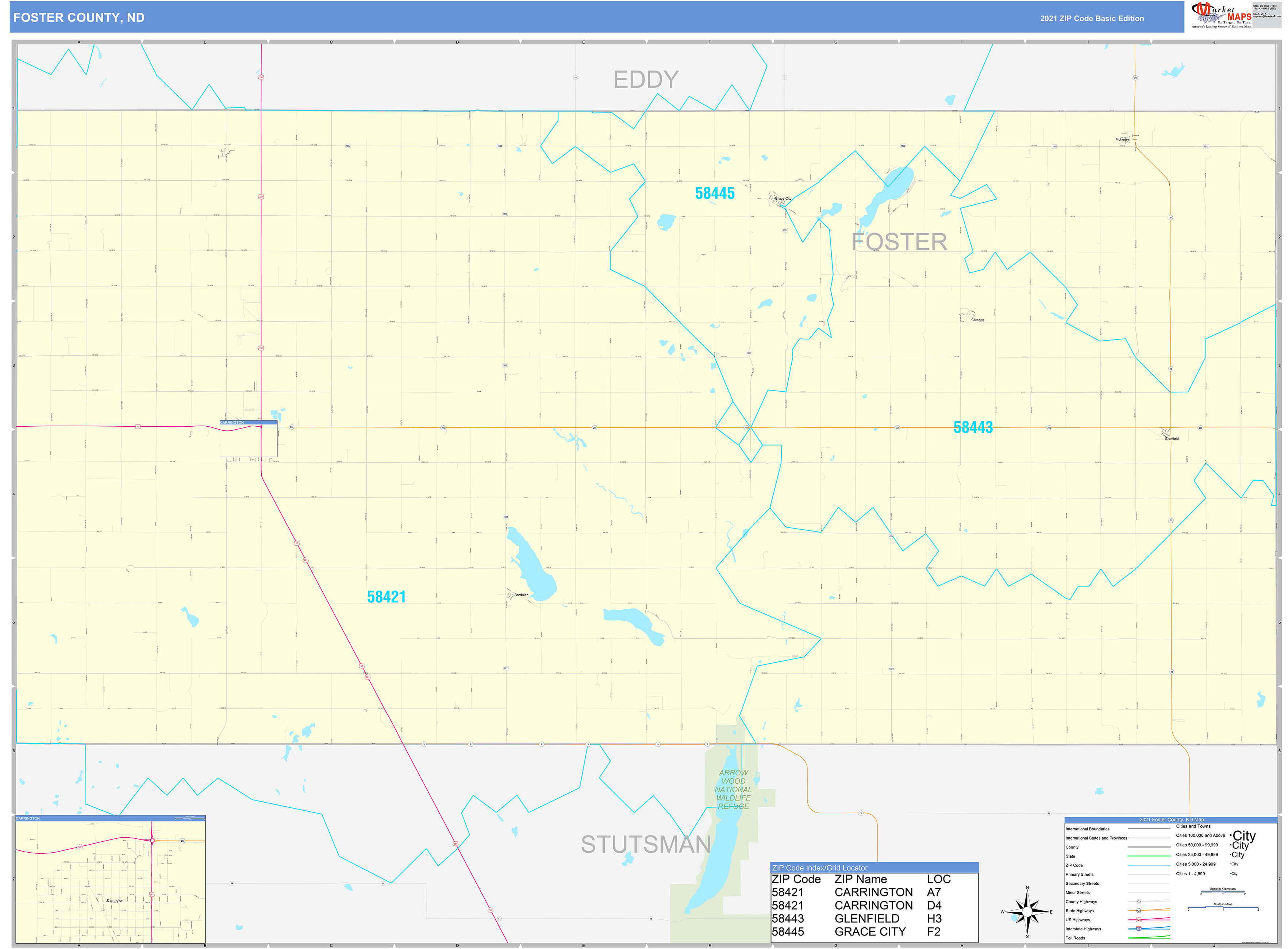 Foster County, ND Zip Code Wall Map Basic Style by MarketMAPS