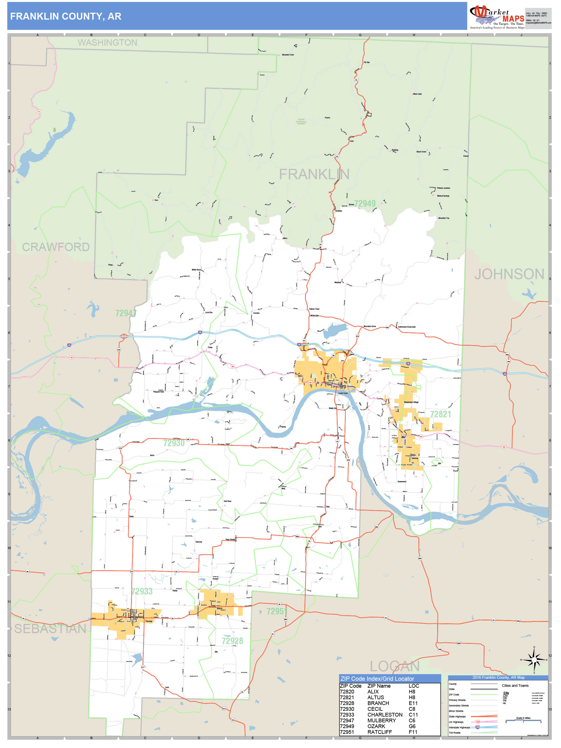 Franklin County Ar Zip Code Wall Map Basic Style By Marketmaps 