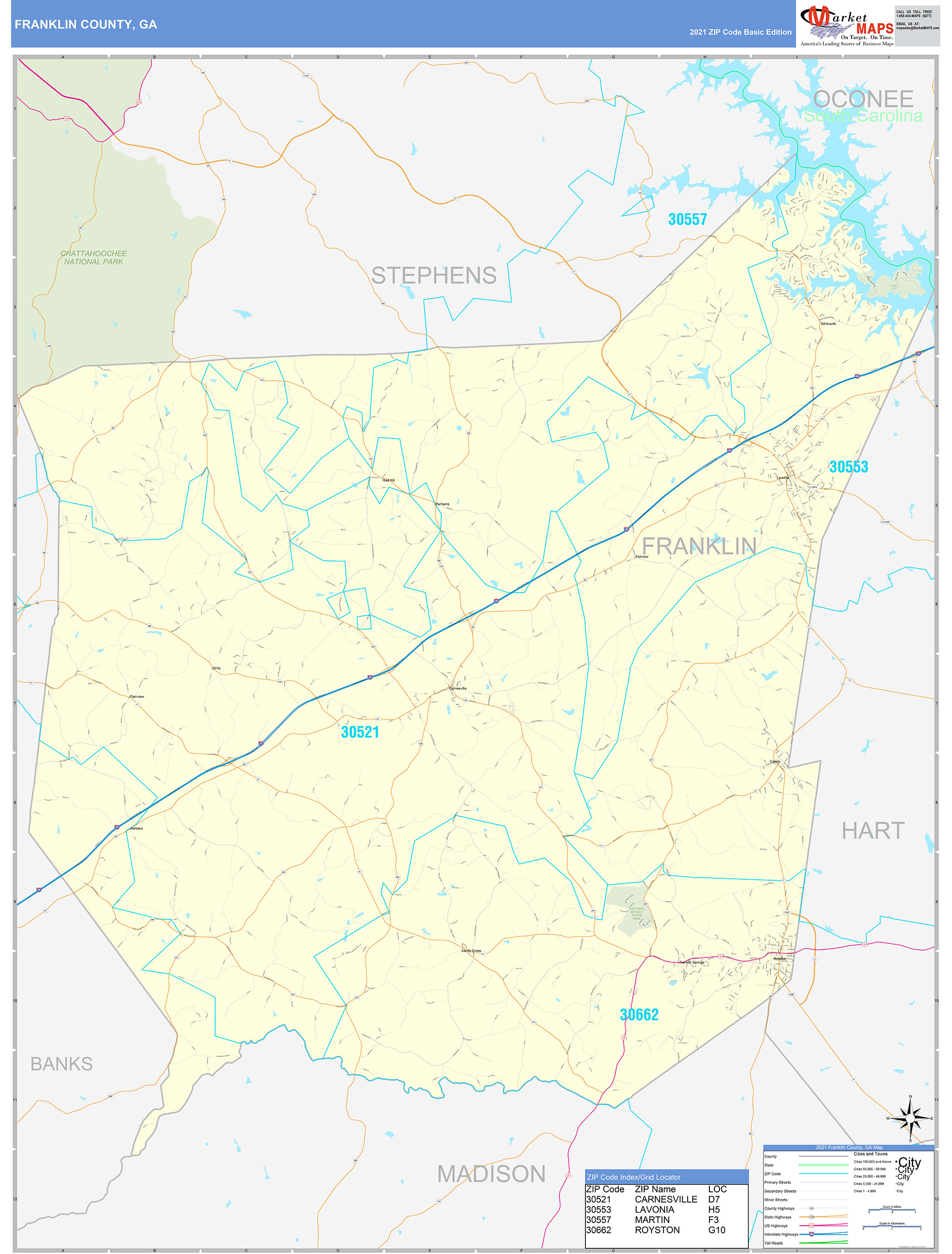 Franklin County, GA Zip Code Wall Map Basic Style by MarketMAPS MapSales
