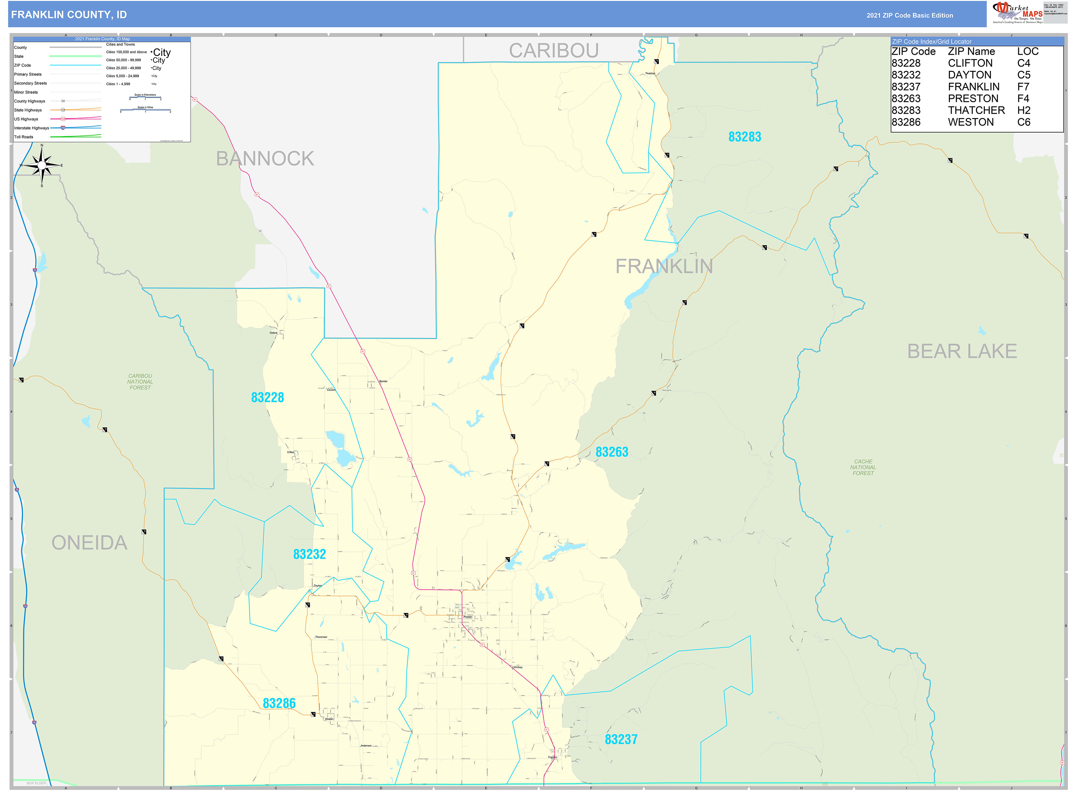 Franklin County, ID Zip Code Wall Map Basic Style by MarketMAPS - MapSales