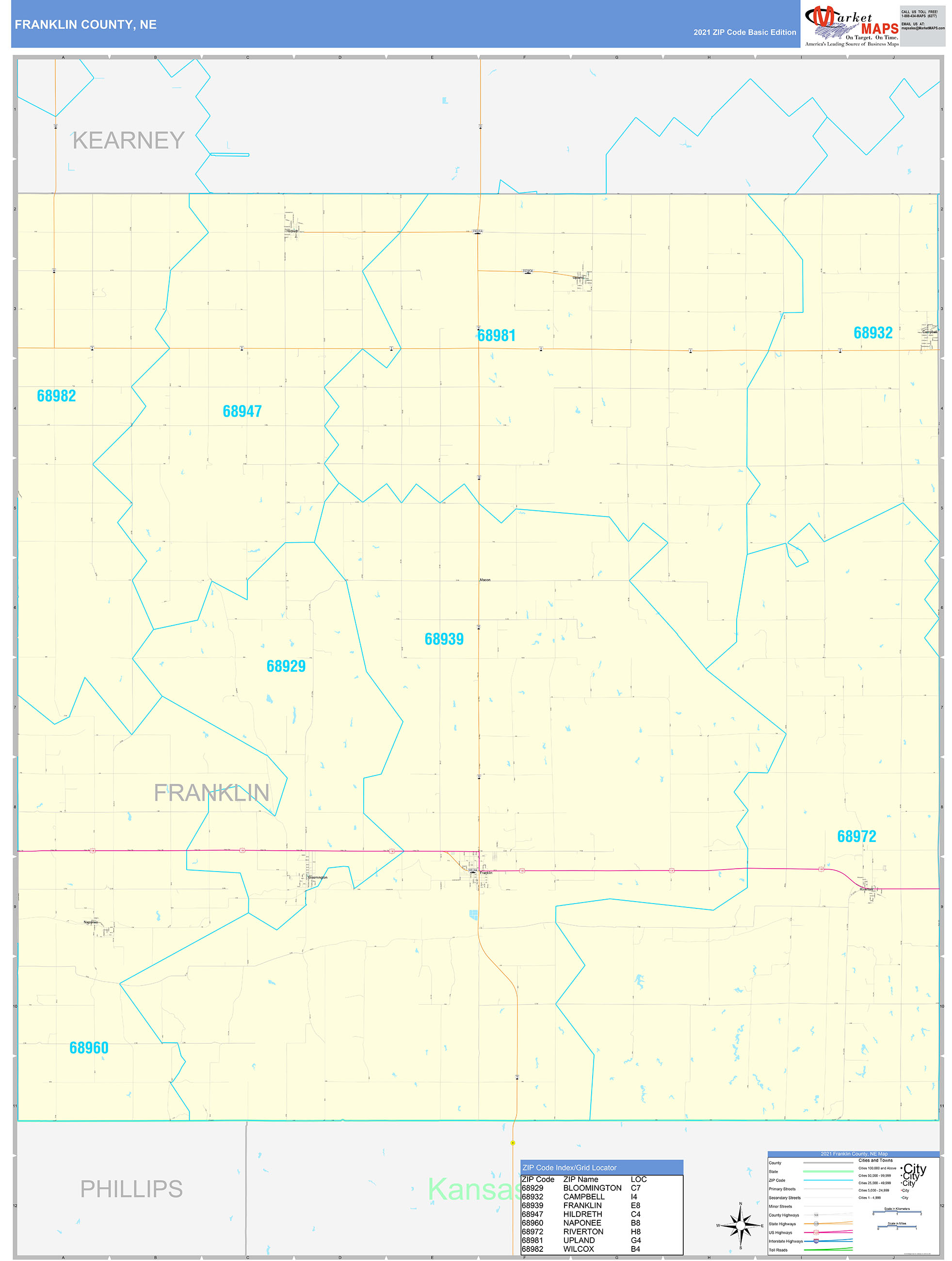 Franklin County, NE Zip Code Wall Map Basic Style by MarketMAPS