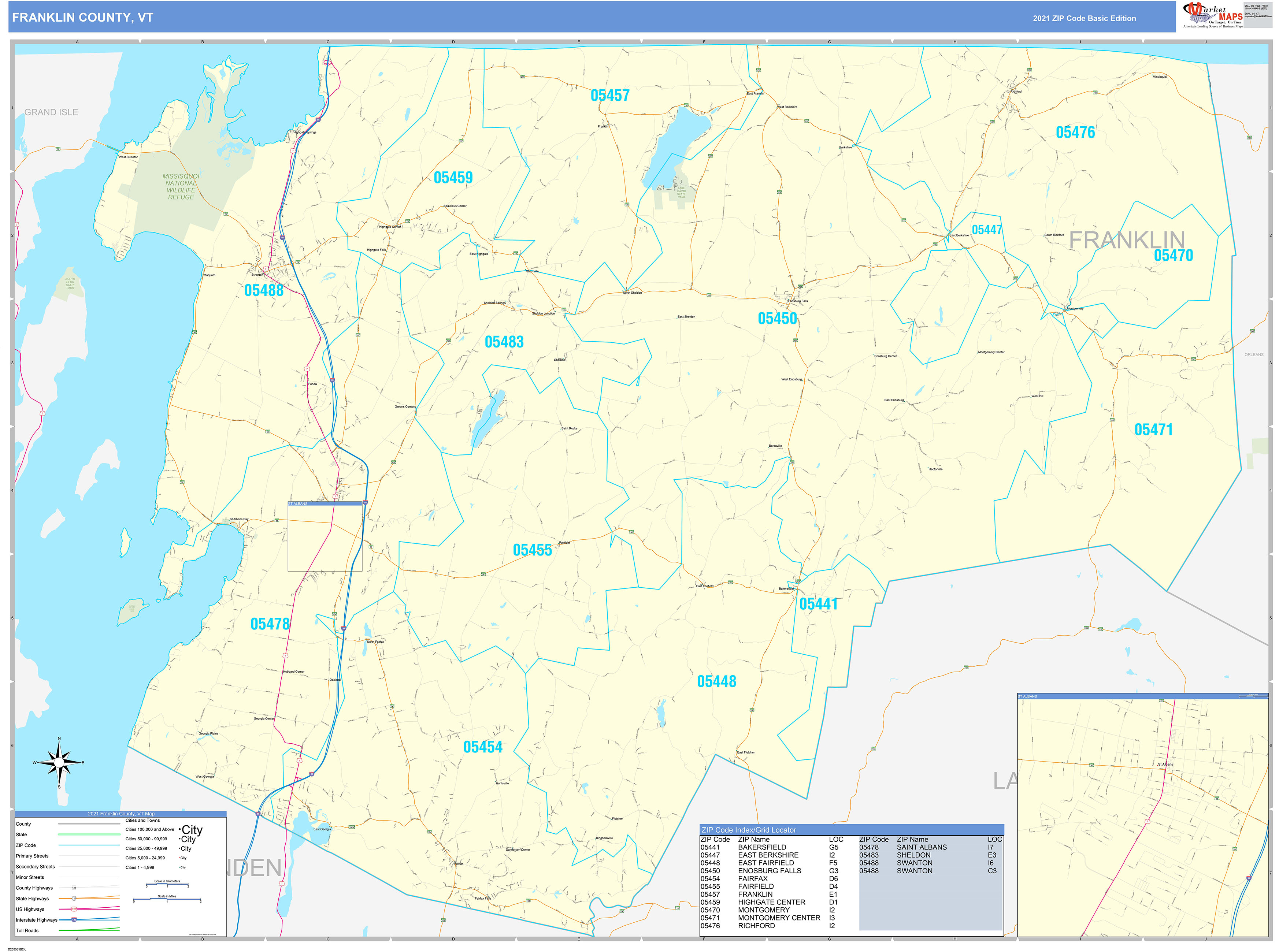 Franklin County, VT Zip Code Wall Map Basic Style by MarketMAPS ...