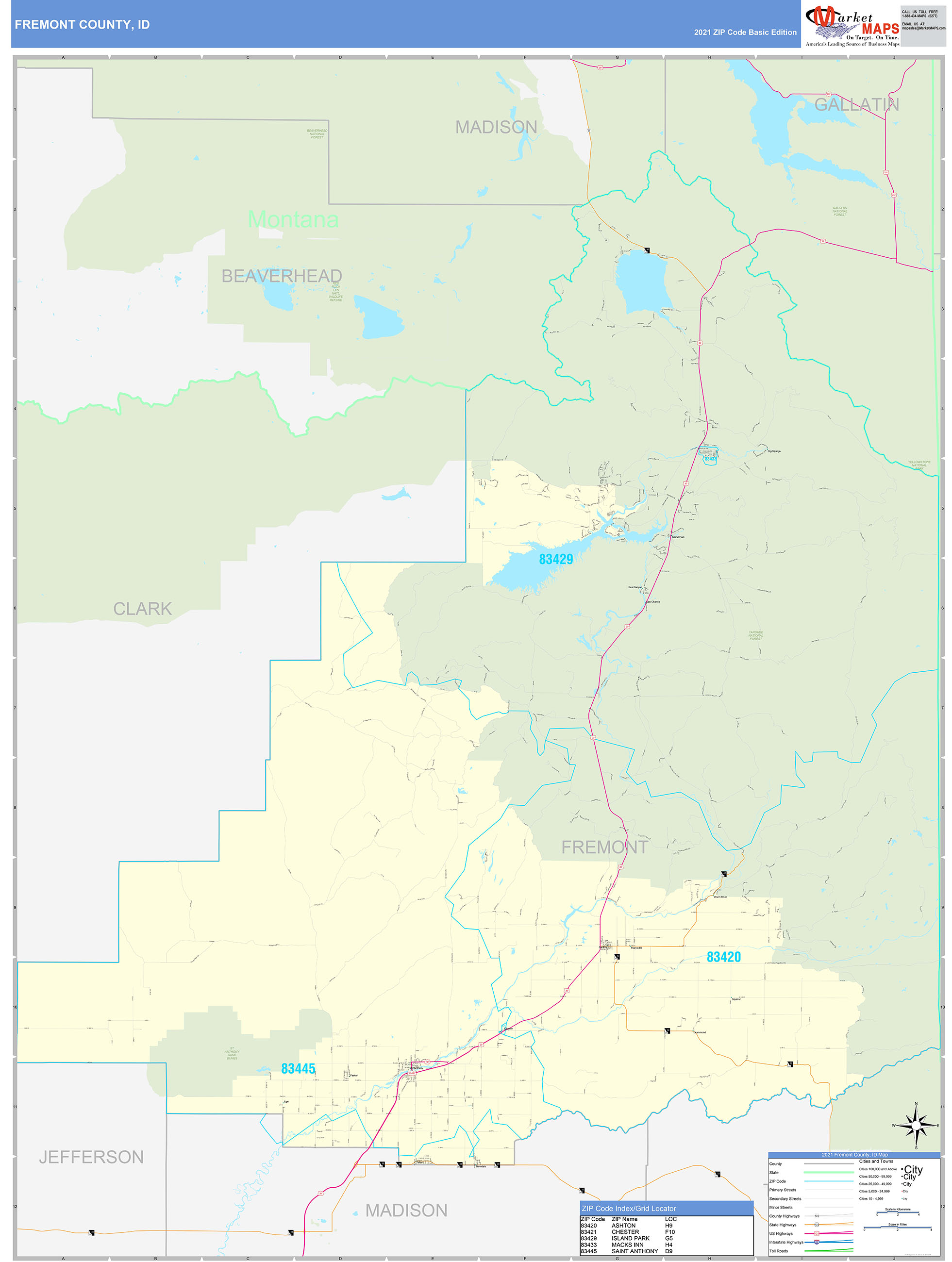 Fremont County, ID Zip Code Wall Map Basic Style by MarketMAPS - MapSales