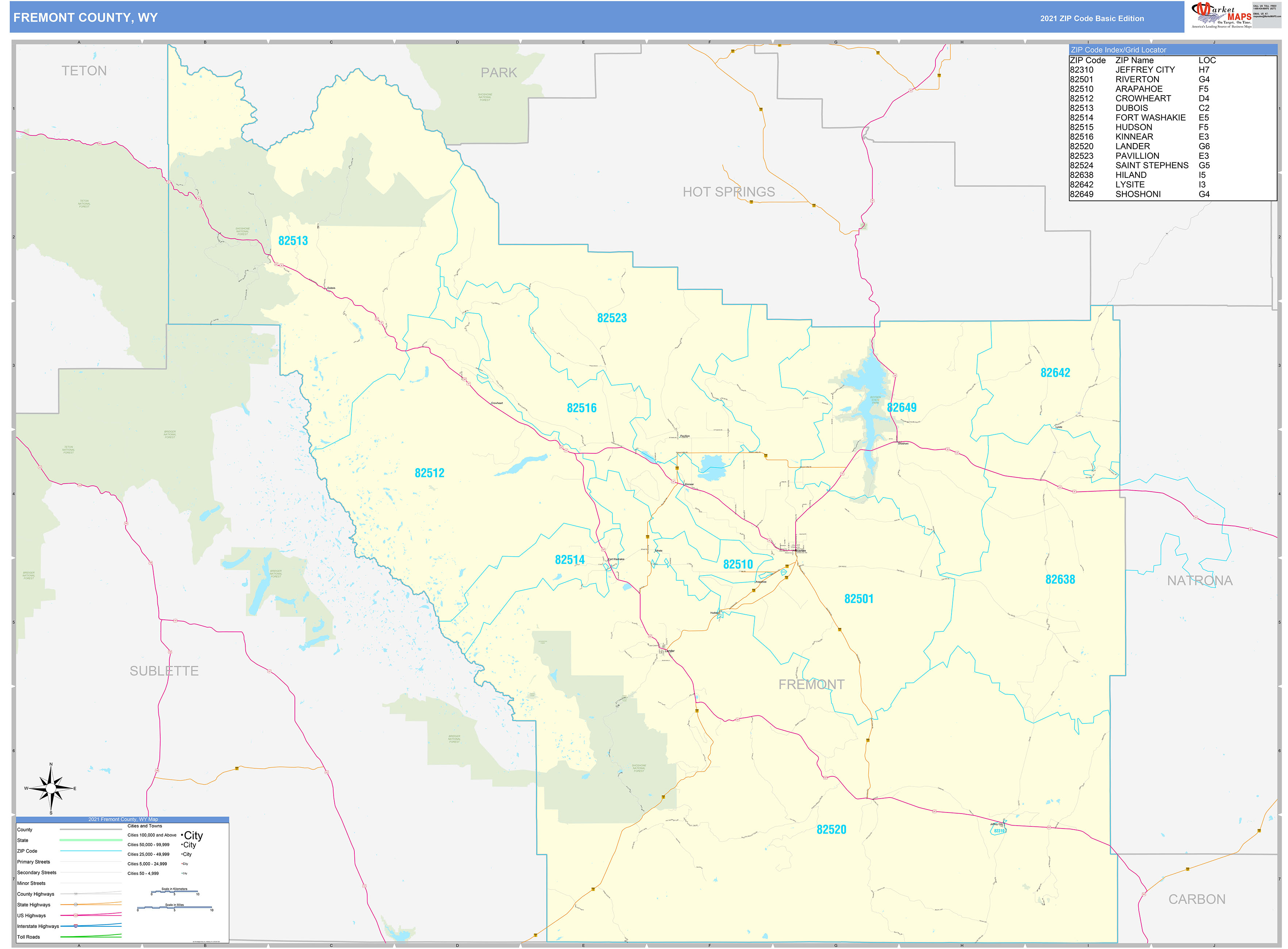 Fremont County, WY Zip Code Wall Map Basic Style by MarketMAPS