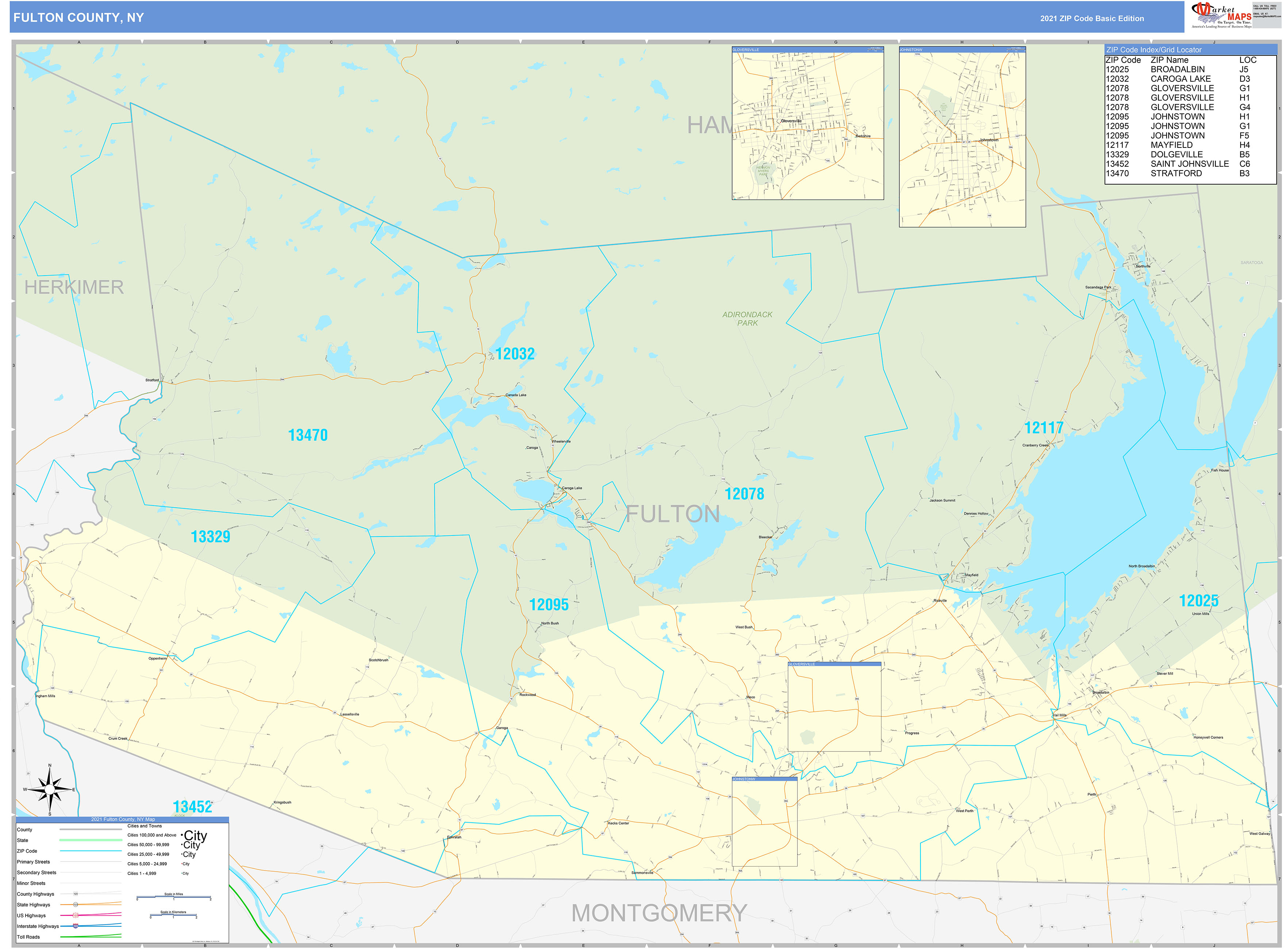 Fulton County, NY Zip Code Wall Map Basic Style by MarketMAPS MapSales